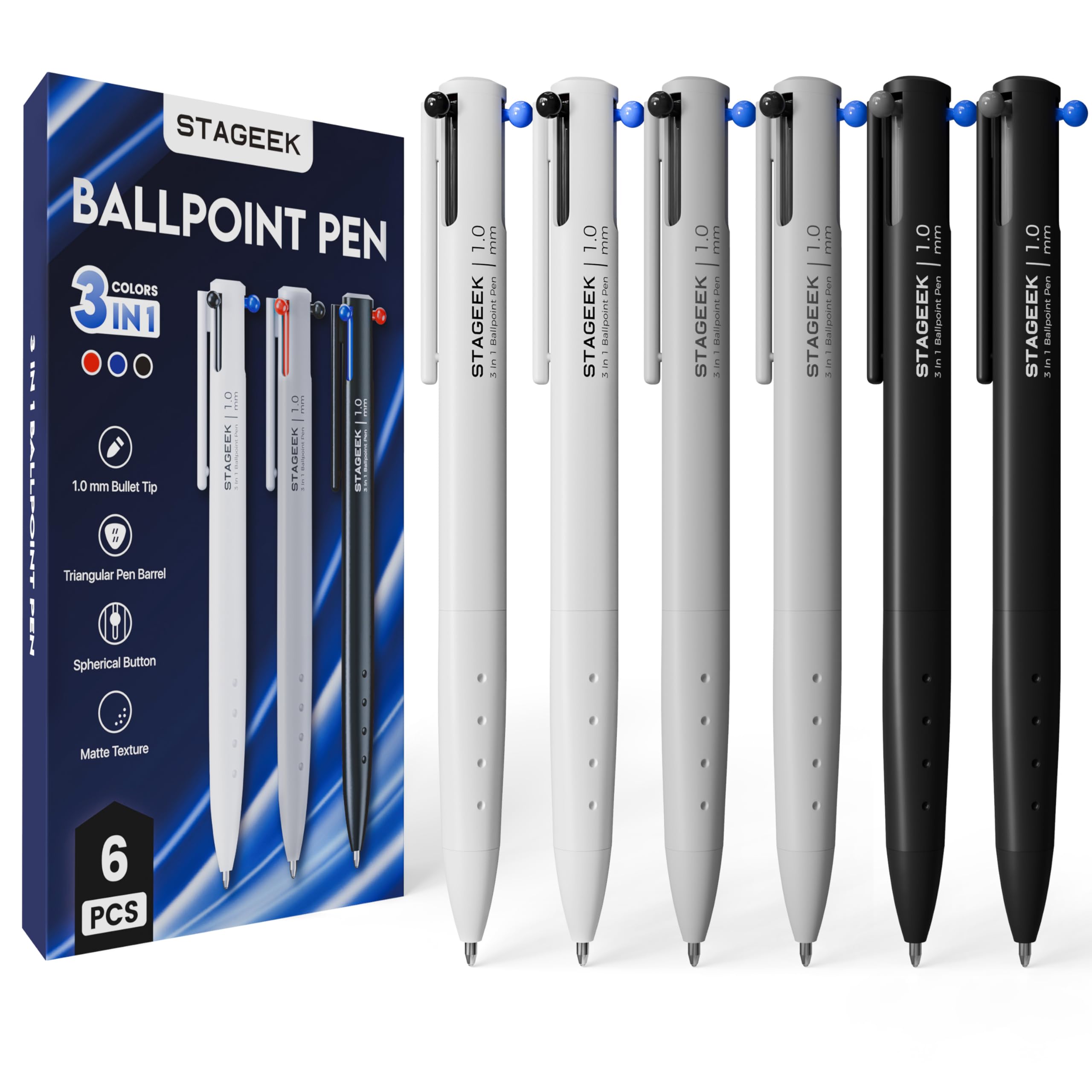 Ball - 油性ボールペン 1.0mm 6本セット 3色 黒 青 赤 文房具 事務用品 筆記用具 ステーショナリー オフィス用品 まとめ買い 多色ボールペン