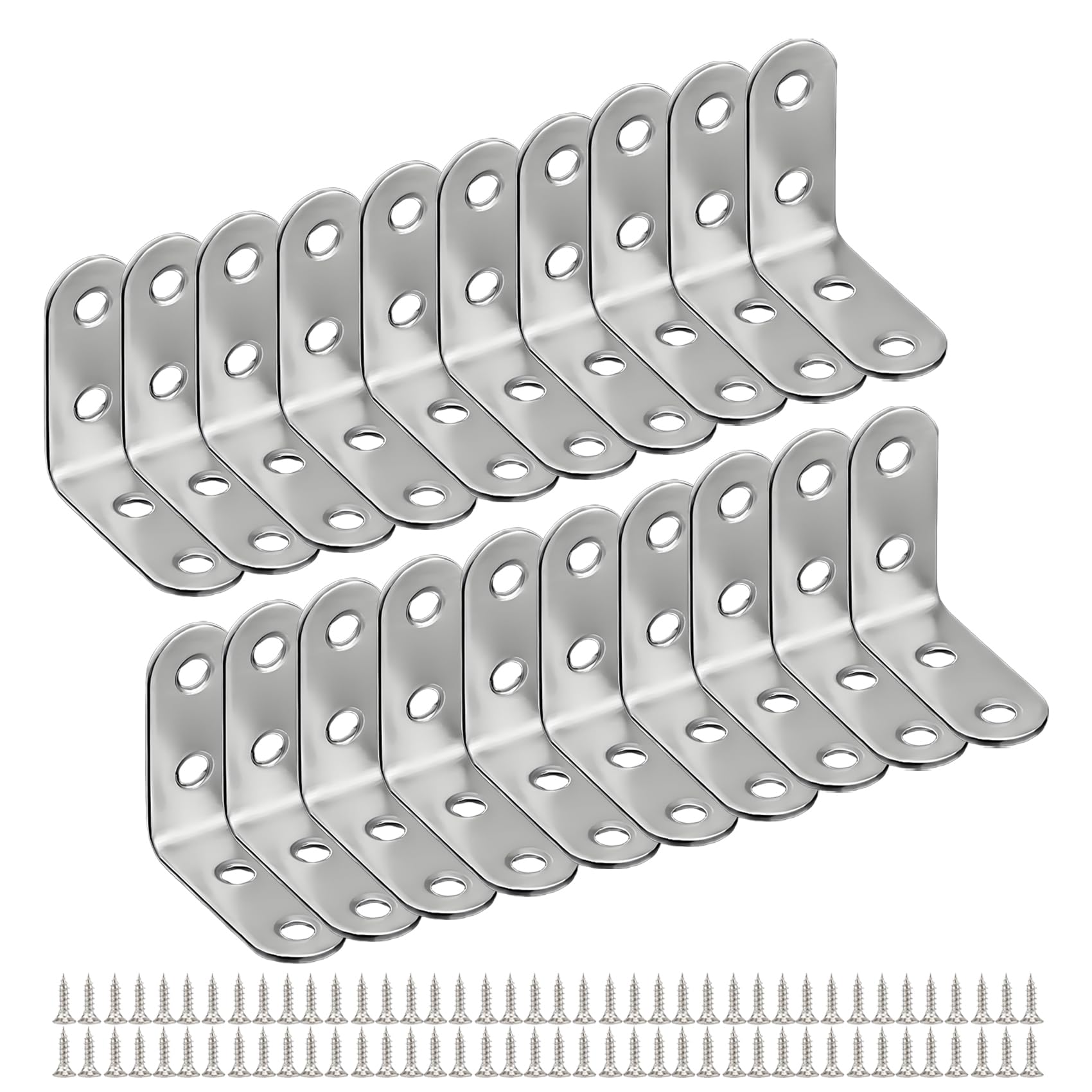 ・セット内容:ステンレス製L字金具 20個、ネジ 80本 ・サイズ:40×40×16mm ・厚さ:約1.2mm ・ネジ長さ:16.6mm ・ネジ穴直径:5mm ・素材:ステンレス鋼 ・デザイン:90度直角設計
