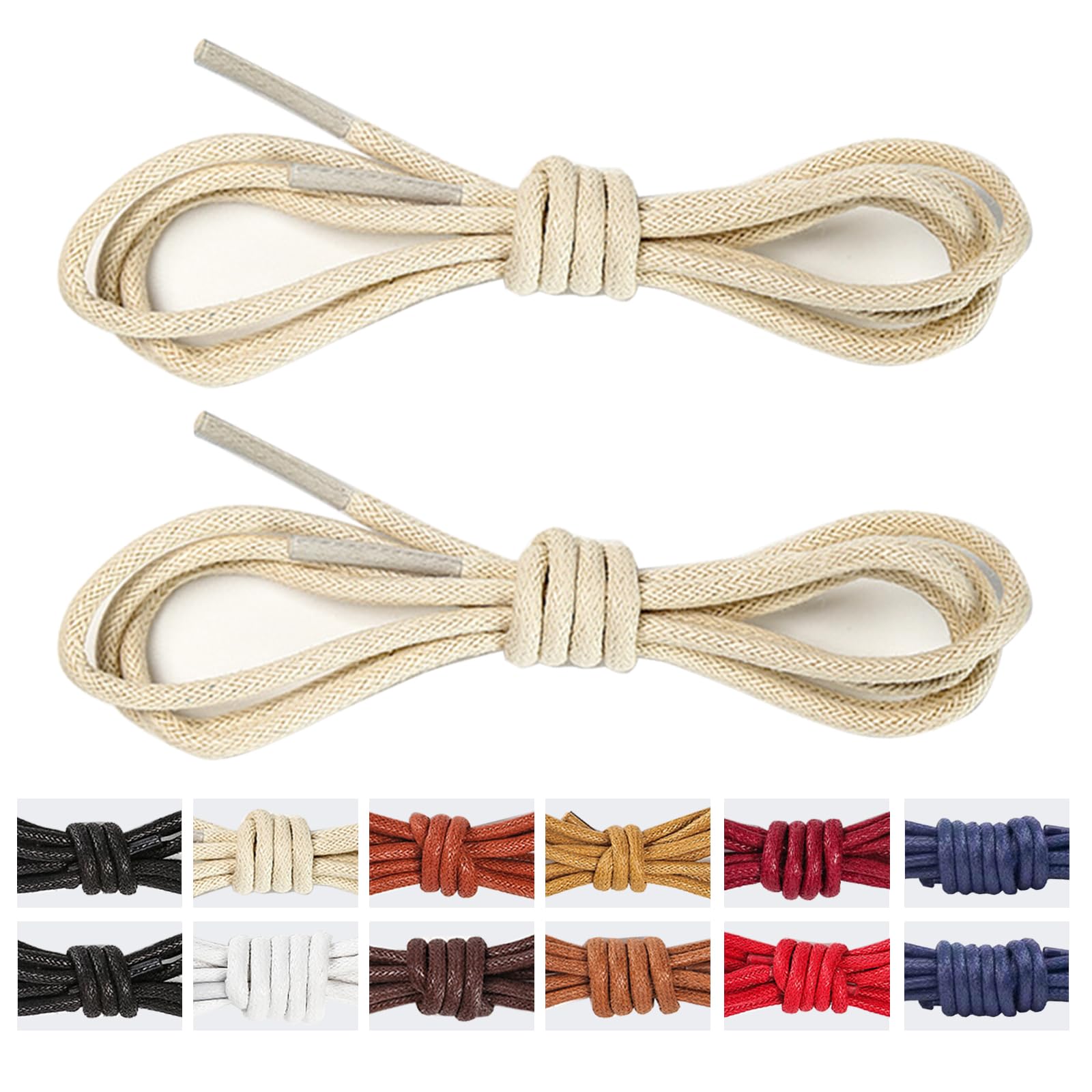 ・形状:丸紐 ・素材:コットン(ワックス仕上げ) ・幅:3mm ・長さ:60cm、70cm、80cm、90cm、100cm、110cm(2~4cmの誤差あり) ・入り数:2足分(4本) ・カラー:10色(ブラック、ブラウン、カーキ、レッド、ベージュ、ネイビー等)