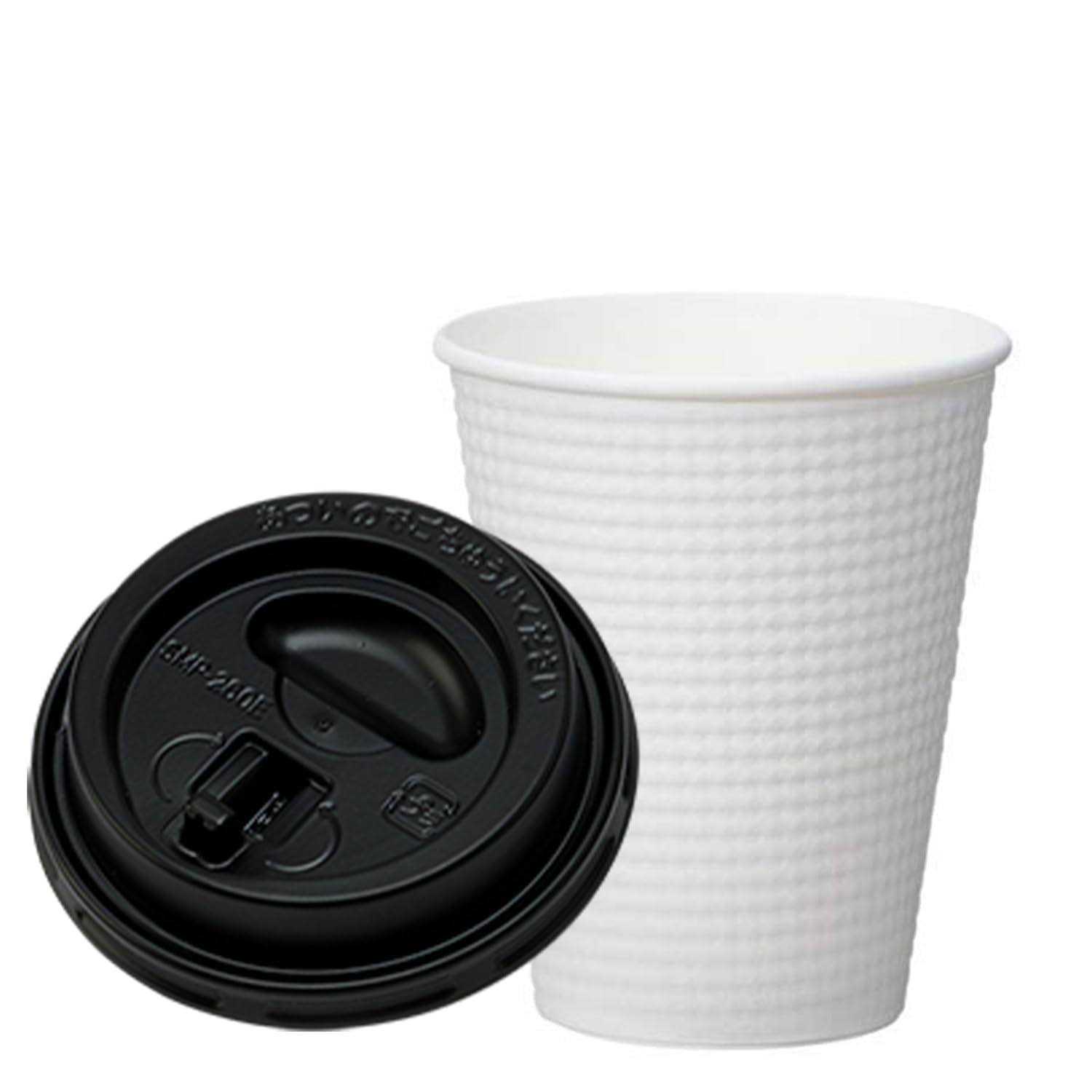 ・容量:260ml (9オンス) ・セット内容:50組 (紙コップ、蓋) ・仕様:エンボス加工、断熱性、耐熱性 ・カラー:ホワイト (本体)、ブラック (蓋)