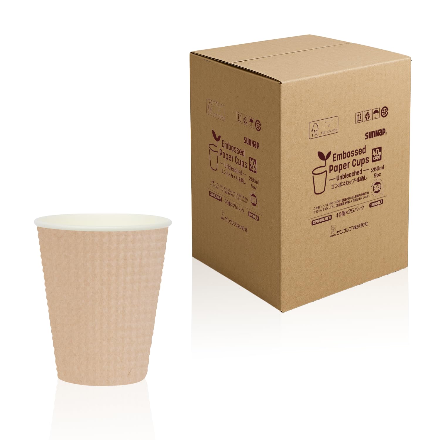 ・容量:260ml (9oz) ・入数:1000個 ・素材:FSC認証紙、内面ポリエチレンラミネート加工 ・加工:エンボス加工(外側)、ロール加工(飲み口) ・対応蓋:CRU2650E、CRU2650EBK ・原産国:日本