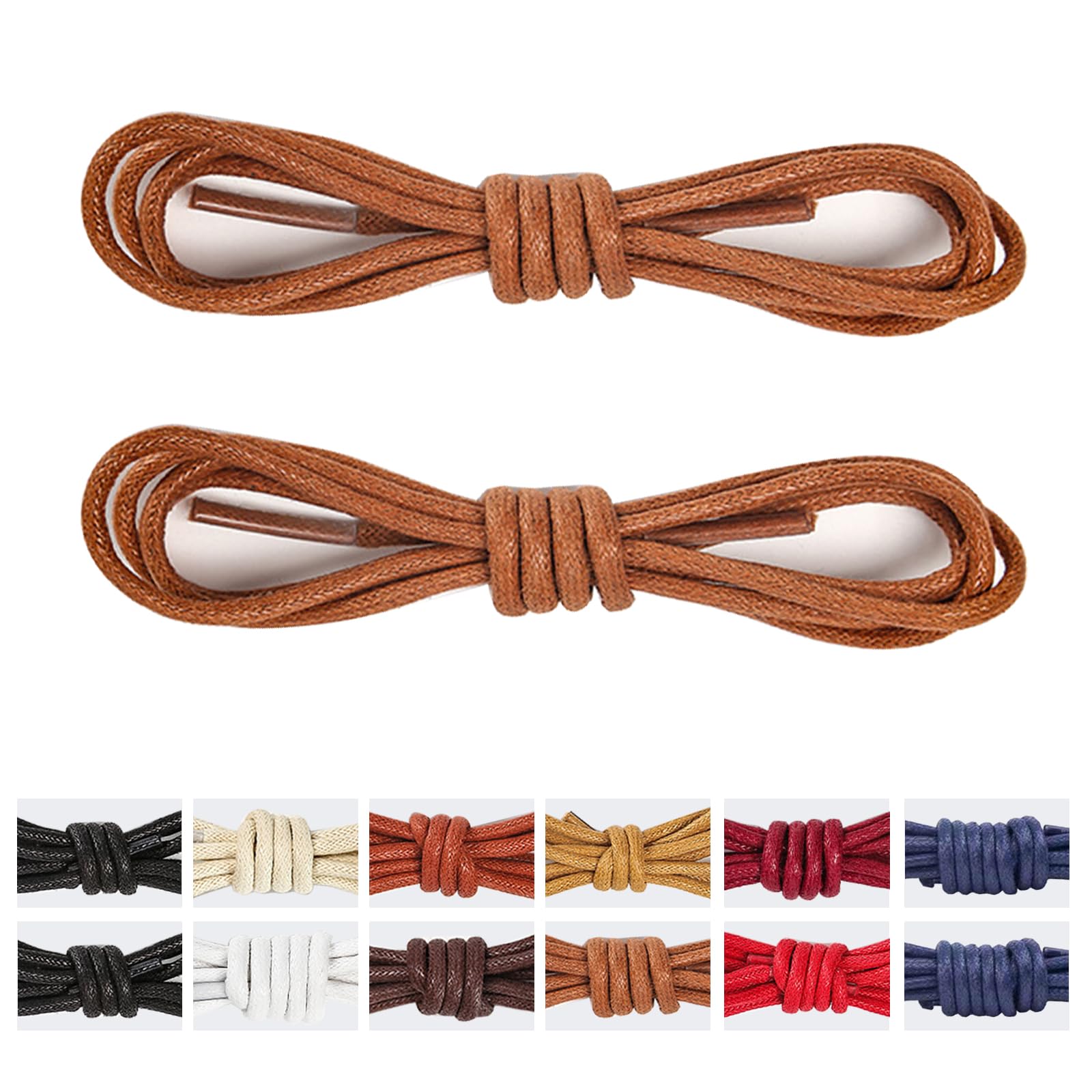 ・形状:丸紐 ・素材:コットン(ワックス仕上げ) ・幅:3mm ・長さ:60cm、70cm、80cm、90cm、100cm、110cm(2~4cmの誤差あり) ・入り数:2足分(4本) ・カラー:10色展開(ブラック、ブラウン、カーキ、レッド、ベージュ、ネイビー等)