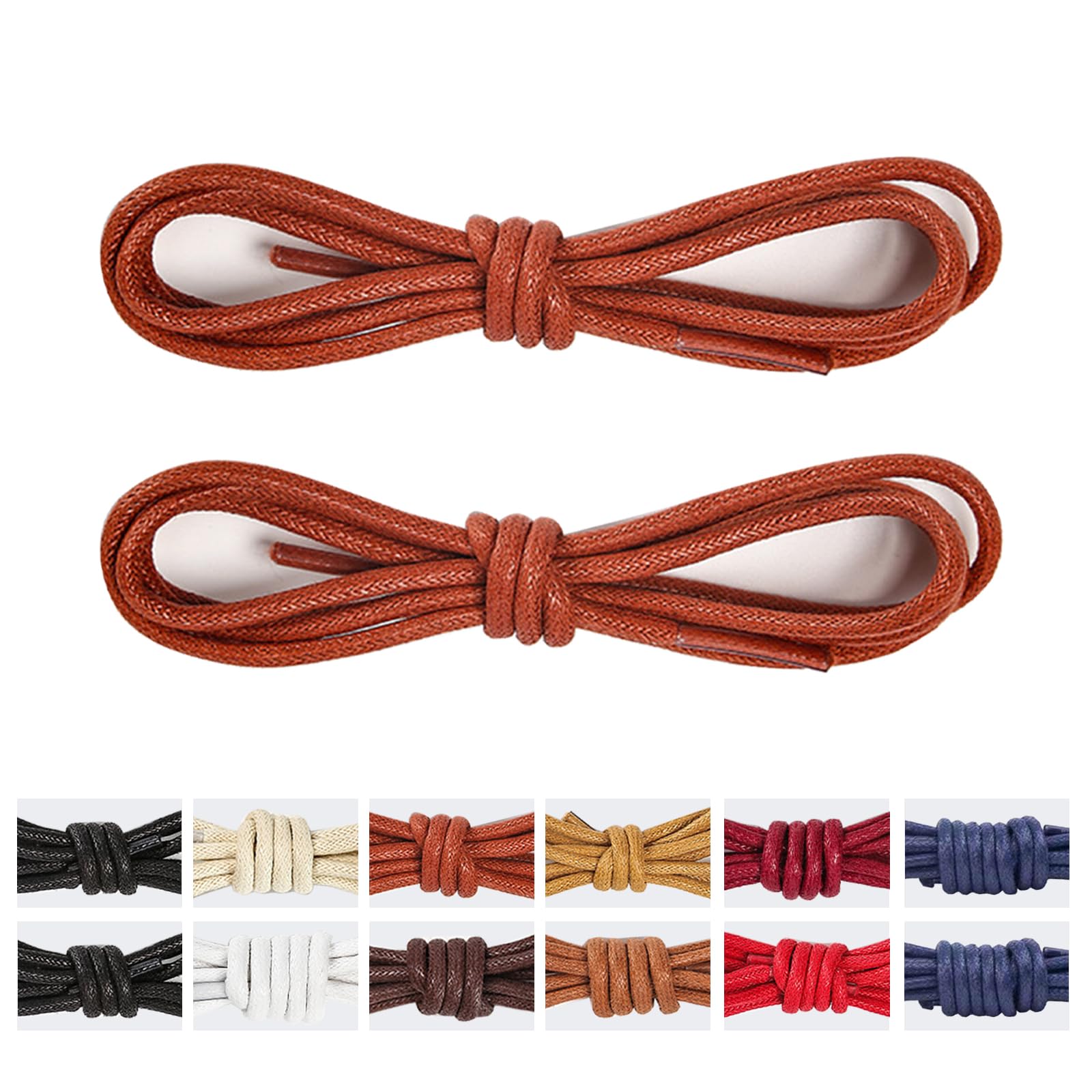 ・形状:丸紐 ・素材:コットン(ワックス仕上げ) ・幅:3mm ・長さ:60cm、70cm、80cm、90cm、100cm、110cm(24cm程度の誤差あり) ・入り数:2足分(4本) ・カラー:10色(ブラック、ブラウン、カーキ、レッド、ベージュ、ネイビー等)