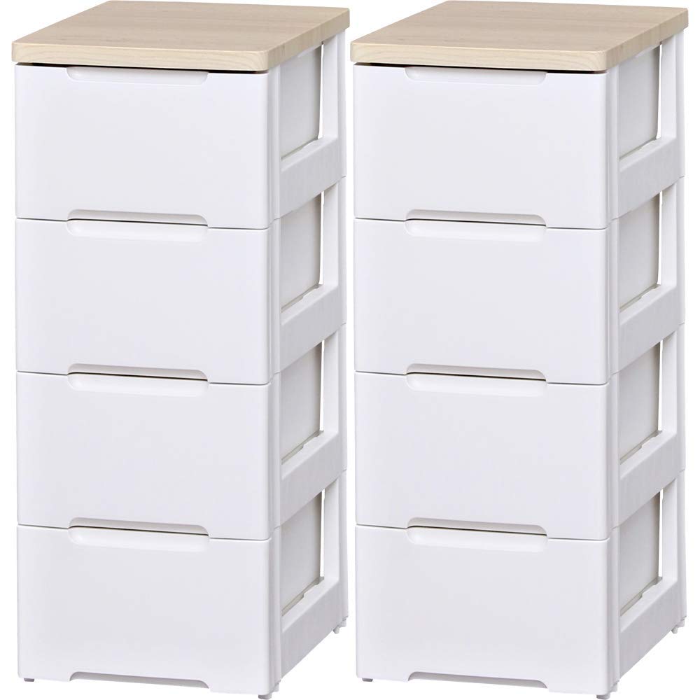 Chess - チェスト 4段 幅33cm 2個セット 収納ケース タンス 引き出し 完成品 木製天板 プラスチック 衣類収納 ホワイト ナチュラル