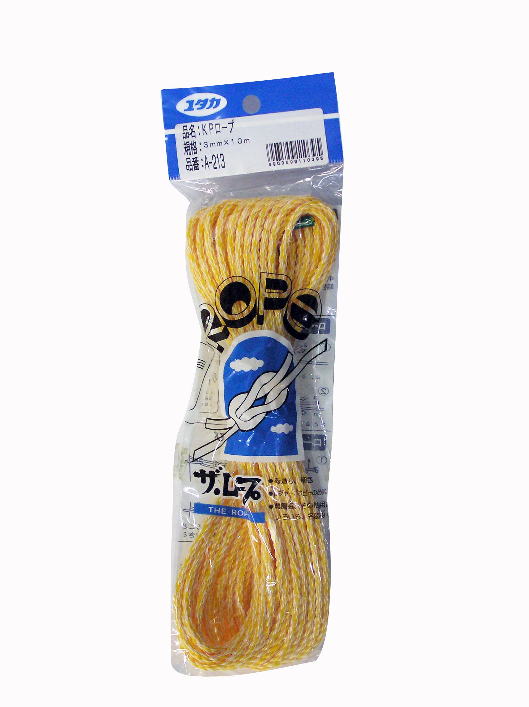 ・原産国:日本 ・材質:ポリエチレン、ポリエステル ・耐候性:あり ・耐水性:あり ・耐熱性:約55℃以内 ・耐薬品性:あり ・水に浮く:可 ・太さ:3mm ・長さ:10m ・構造:3ツ打