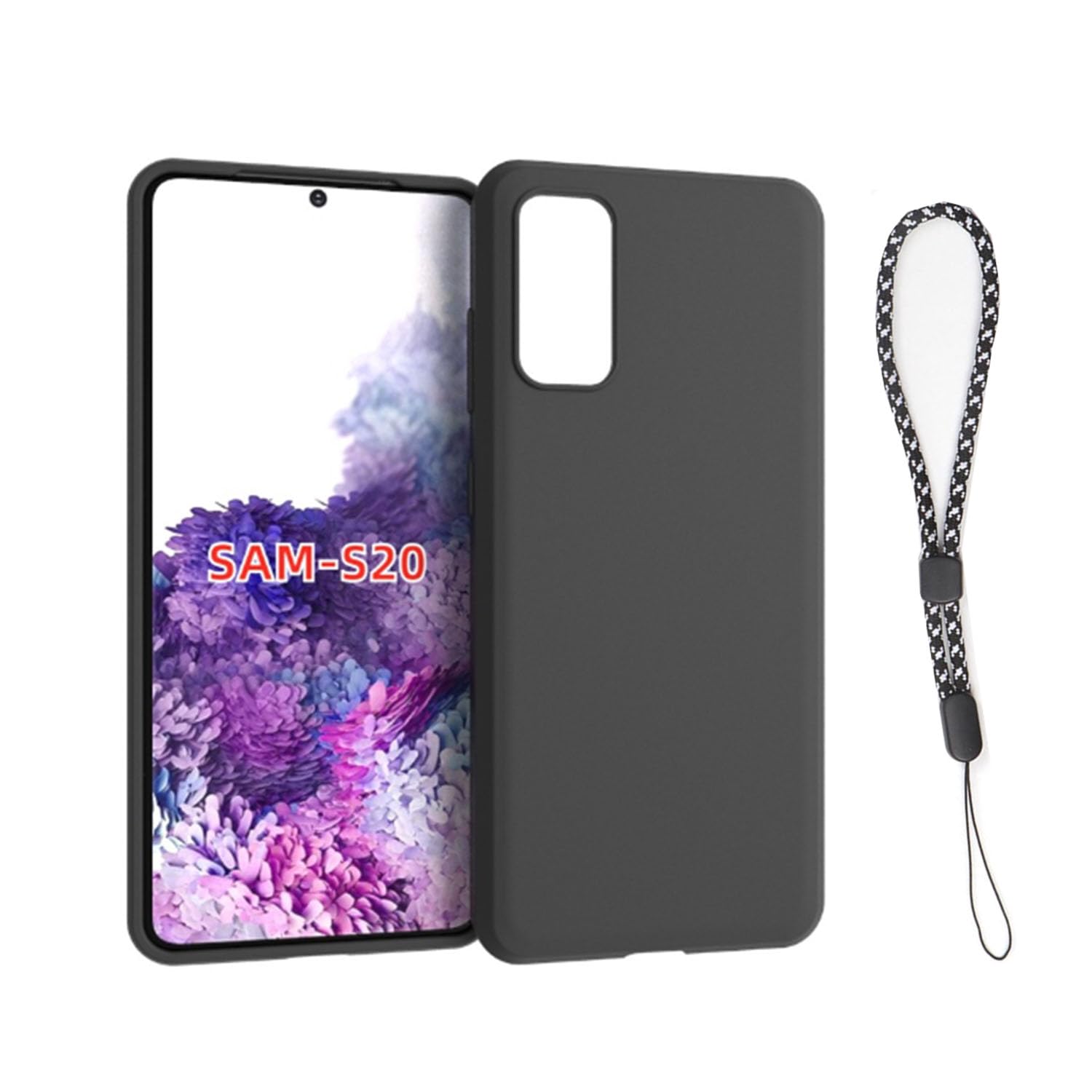 スマホケース Galaxy S20 対応 ケース シリコン カバー ソフト TPU 耐衝撃 滑り止め 傷付き防止 軽量 マット質感 指紋防止 レンズ保護 ストラップ付き ブラック