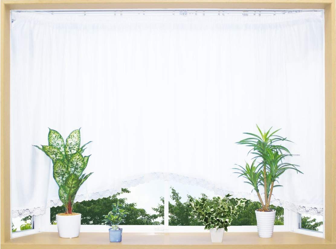 乐天商城 - レースカーテン 出窓用 幅300cm 丈90cm 1枚入り アーチ型 スクエア柄 UVカット 遮熱 断熱 保温 洗える 昼間外から見えにくい カーテンフック付き
