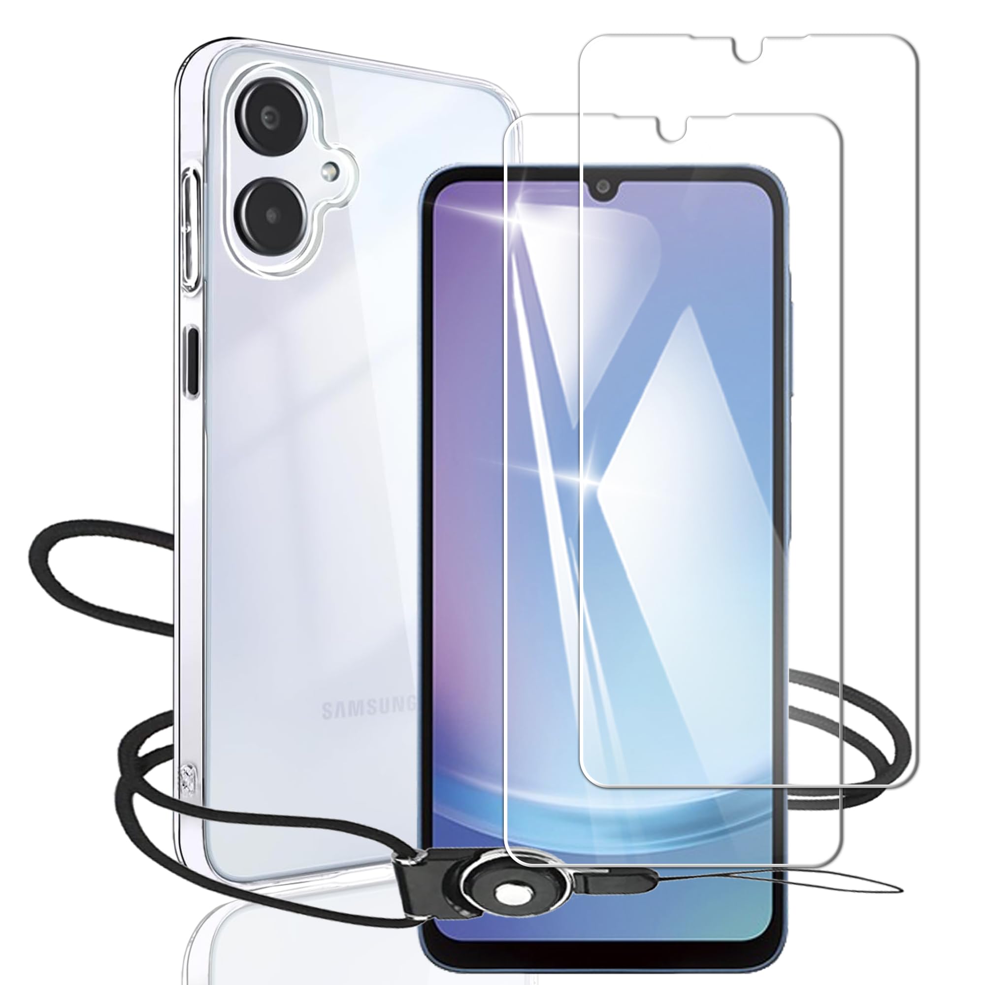 ・セット内容:保護フイルム2枚、クリアケース1個 ・対応機種:Galaxy A25 5G (SC-53F / SCG33) ・フイルム素材:日本旭硝子 ・ケース素材:TPU ・硬度:9H ・透過率:99% ・機能:指紋防止、撥水撥油、飛散防止、衝撃吸収、気泡防止、高透過率、低反射