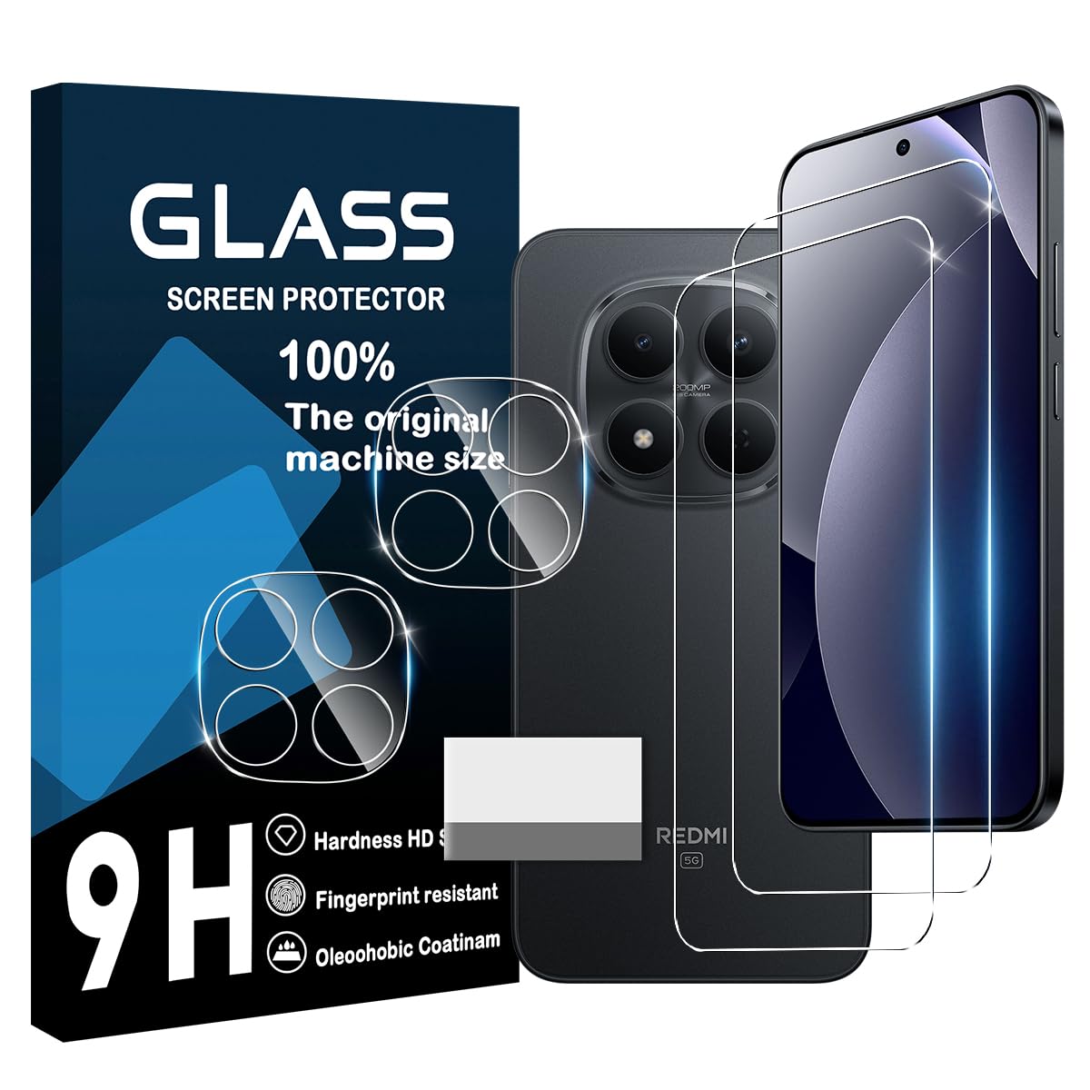 ・対応機種:Redmi Note 15 Pro ・セット内容:液晶ガラスフィルム2枚、レンズ保護フィルム2枚 ・素材:国産旭硝子(AGC)素材 ・硬度:9H ・加工:飛散防止設計、ラウンドエッジ加工、防汚コーティング(防水・油防止・指紋防止) ・特徴:高透過率、高感度、耐衝撃、ゼロ気泡、指紋認証対応