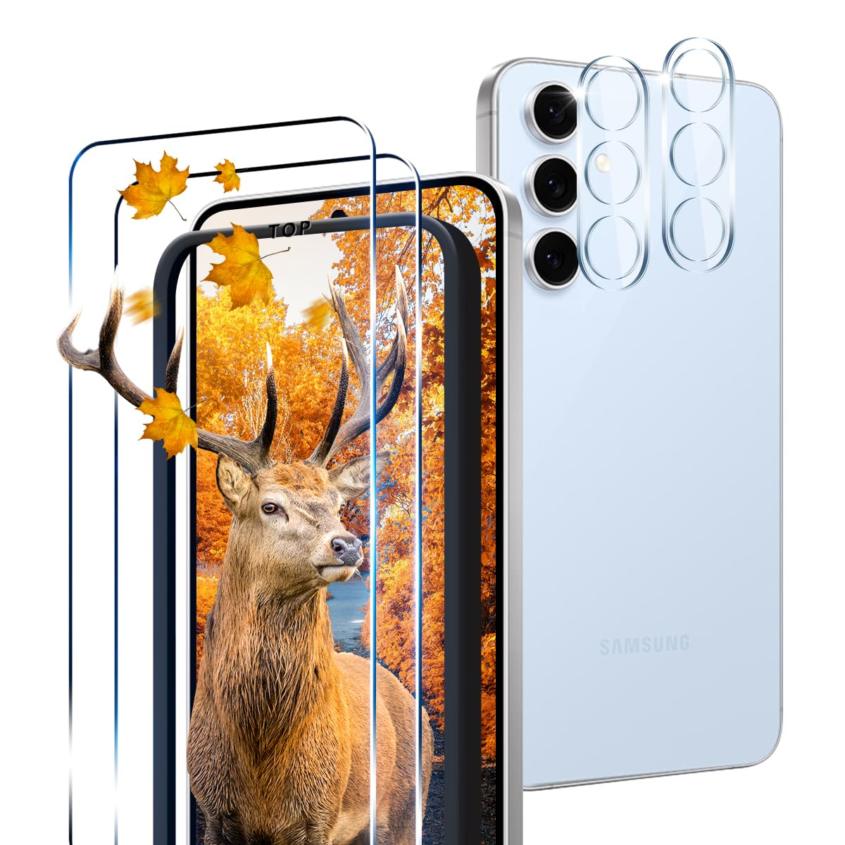 ・対応機種:Galaxy S24 FE / SCG30 / SM-S721Q ・セット内容:液晶保護強化ガラスフィルム2枚、カメラ保護フィルム2枚 ・素材:日本旭硝子 ・硬度:9H ・厚さ:0.26mm ・エッジ加工:2.5Dラウンドエッジ加工 ・機能:指紋認証対応、飛散防止、高透過率、高感度タッチ、疎油性コーティング、自己吸着層
