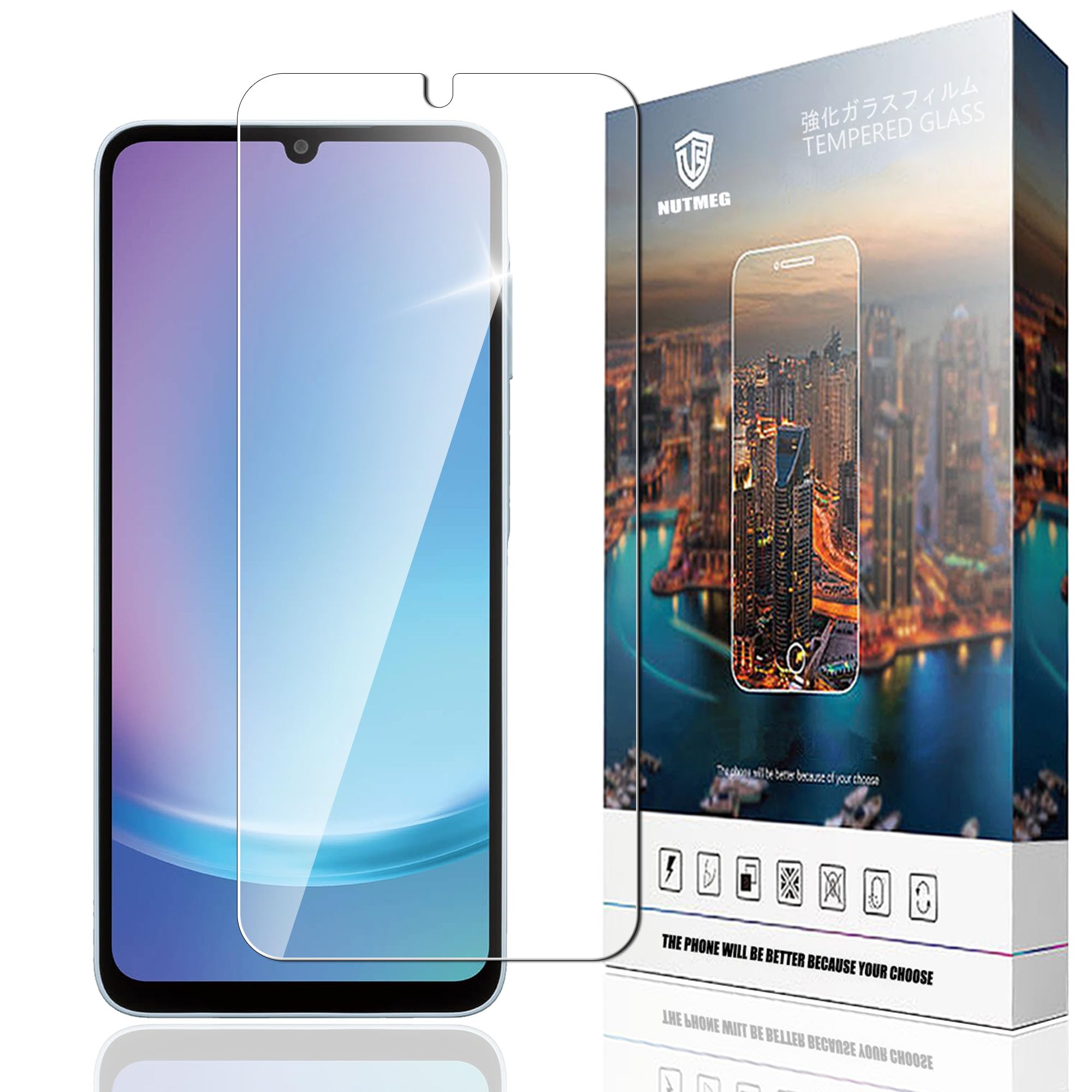 ・対応機種:Galaxy A25 5G SC-53F / SCG33 ・素材:日本旭硝子素材(強化ガラス) ・硬度:9H ・透過率:99% ・機能:耐衝撃、指紋防止、飛散防止、気泡ゼロ(気泡防止)