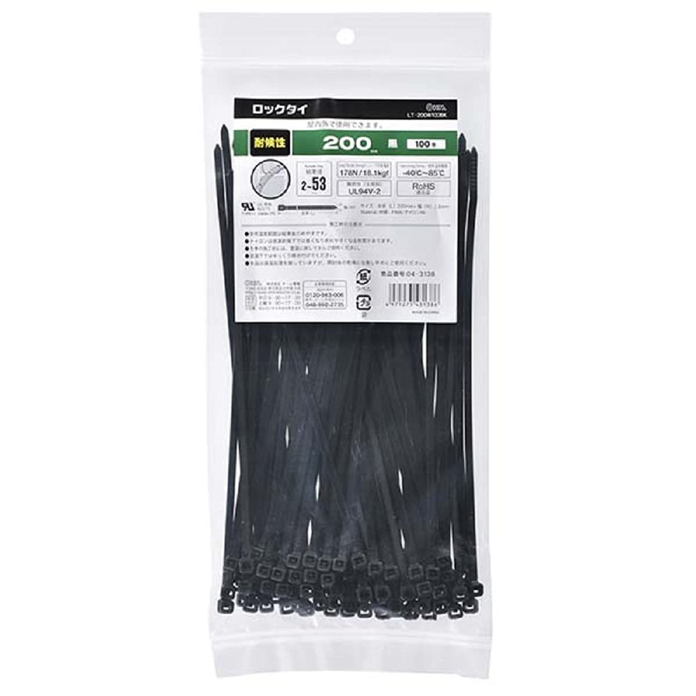 ・色:黒 ・結束径:2~53mm ・ループ引張強度:178N/18.2kgf ・使用温度範囲:-40℃~85℃ ・難燃性:UL94V-2 ・RoHS適合品 ・サイズ:全長200mm×幅3.6mm ・入数:100本 ・材質:PA66/ナイロン66