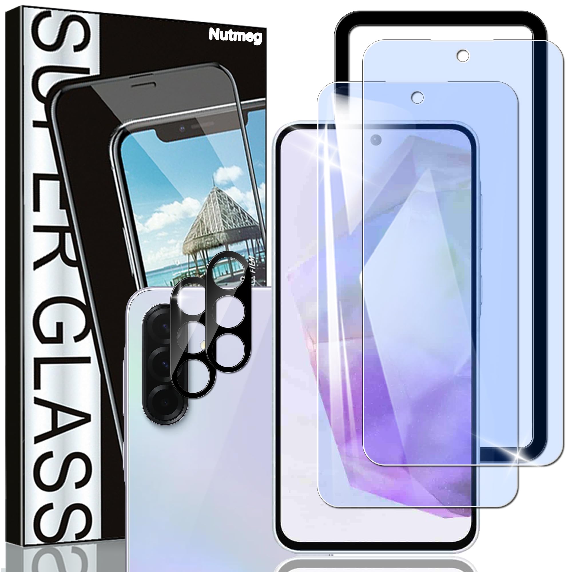 スマホ保護フィルム 液晶画面用 2枚 カメラレンズ用 2枚 ガイド枠付き ブルーライ...