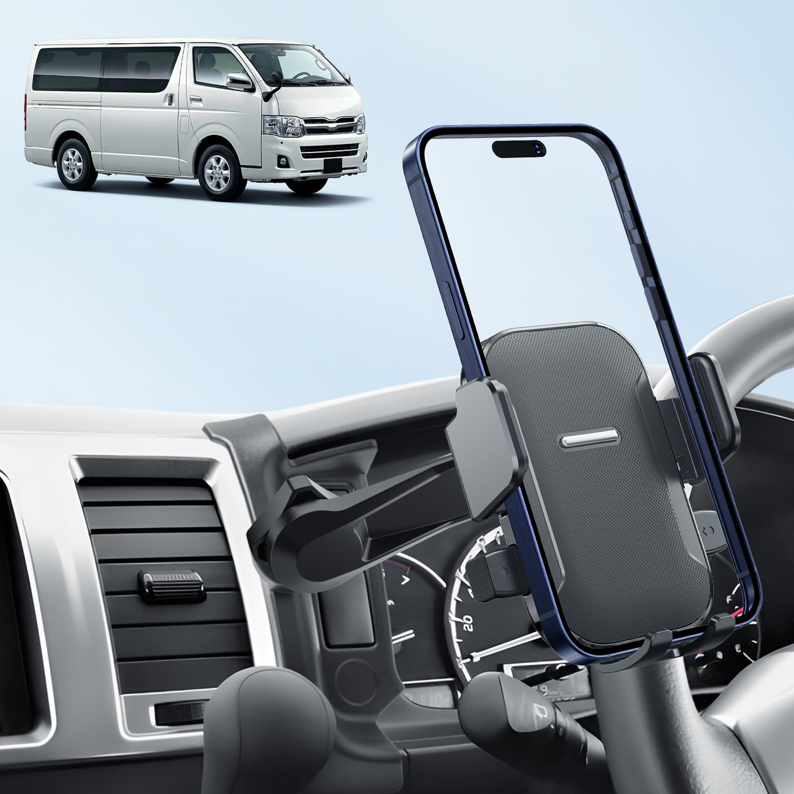 ・対応車種:トヨタ ハイエース 200系(4型/5型/6型/9型) ・素材:ABS ・機能:360度回転 ・機能:スマホロック機能(押しボタン式) ・機能:充電対応(底部開口設計) ・機能:縦置き・横置き対応 ・付属品:延長アーム