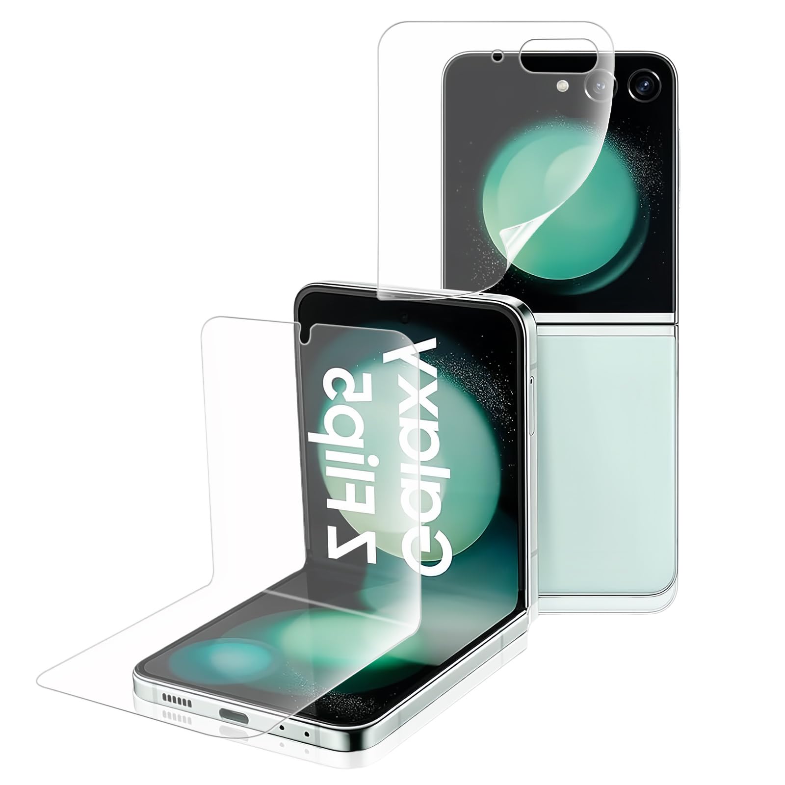 ・対応機種:Galaxy Z Flip6 ・素材:TPU ・表面加工:アンチグレア(スクラブ加工)、特殊コーティング ・機能:指紋認証対応、3D設計、指紋防止、気泡防止、汚れ防止、衝撃吸収、自動修復機能