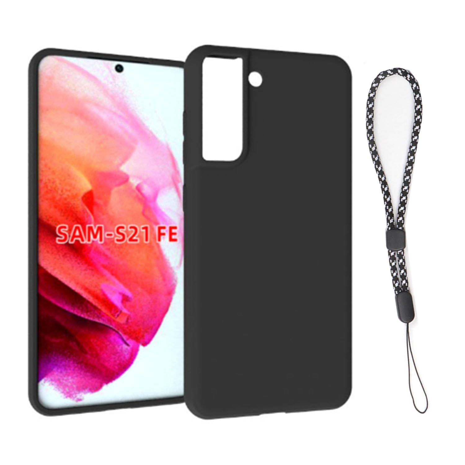 スマホケース ギャラクシーS21 FE 5G ケース シリコン カバー ソフト TPU 耐衝撃 ストラップ付き 携帯ストラップ マット 指紋防止 薄型 軽量 レンズ保護 黒