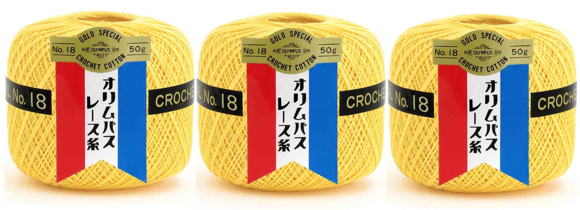 ・番手:#18 ・色:Col.521 イエロー系 ・重量:50g ・長さ:約210m ・入数:3玉セット ・素材:コットン