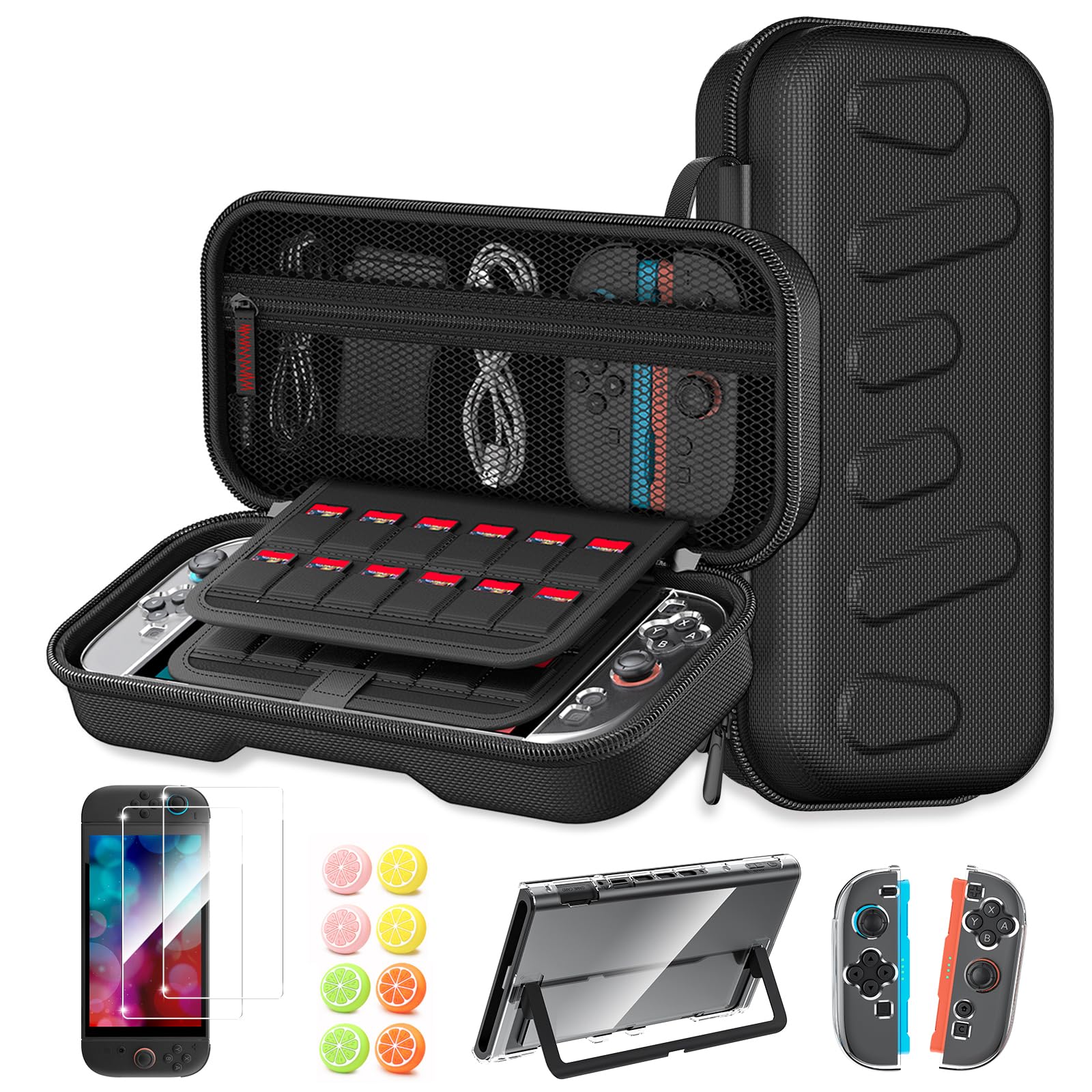 ・対応機種:Switch2 ・セット内容:収納ケース×1、分体式保護カバー×1、ガラスフィルム×2、スティックキャップ×8 ・ケース素材:EVA ・ケース裏地素材:マイクロファイバー ・ゲームカード収納枚数:24枚 ・ガラスフィルム厚さ:0.3mm ・ガラスフィルム透過率:99.99% ・ガラスフィルム硬度:9H ・保護カバー素材:PC、TPU ・スティックキャップ素材:シリコン ・スティックキャップ入数:8個(4ペア)