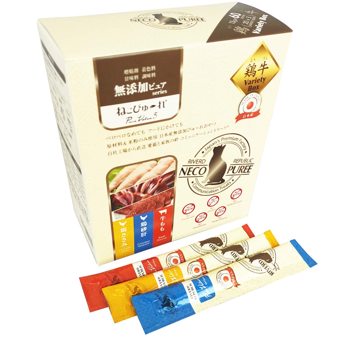 ・原産国名:日本 ・内容量:60本入 (20本×3種) ・エネルギー(鶏ささみ):約7kcal(1本あたり) ・エネルギー(鶏砂肝):約8kcal(1本あたり) ・エネルギー(牛もも):約10kcal(1本あたり)