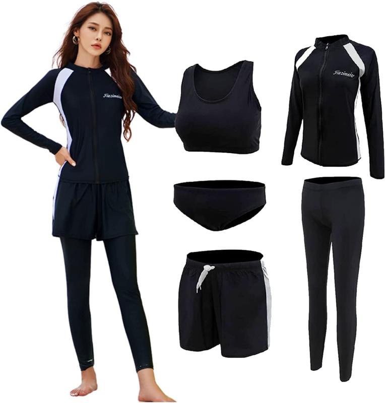 [RainKind] フィットネス水着 レディース 水着 5点セット 長袖ラッシュガード 体型カバー セパレート ショートパンツ タンキニ オシャレ UVカット女性用長袖水着 接触冷感 水陸両用