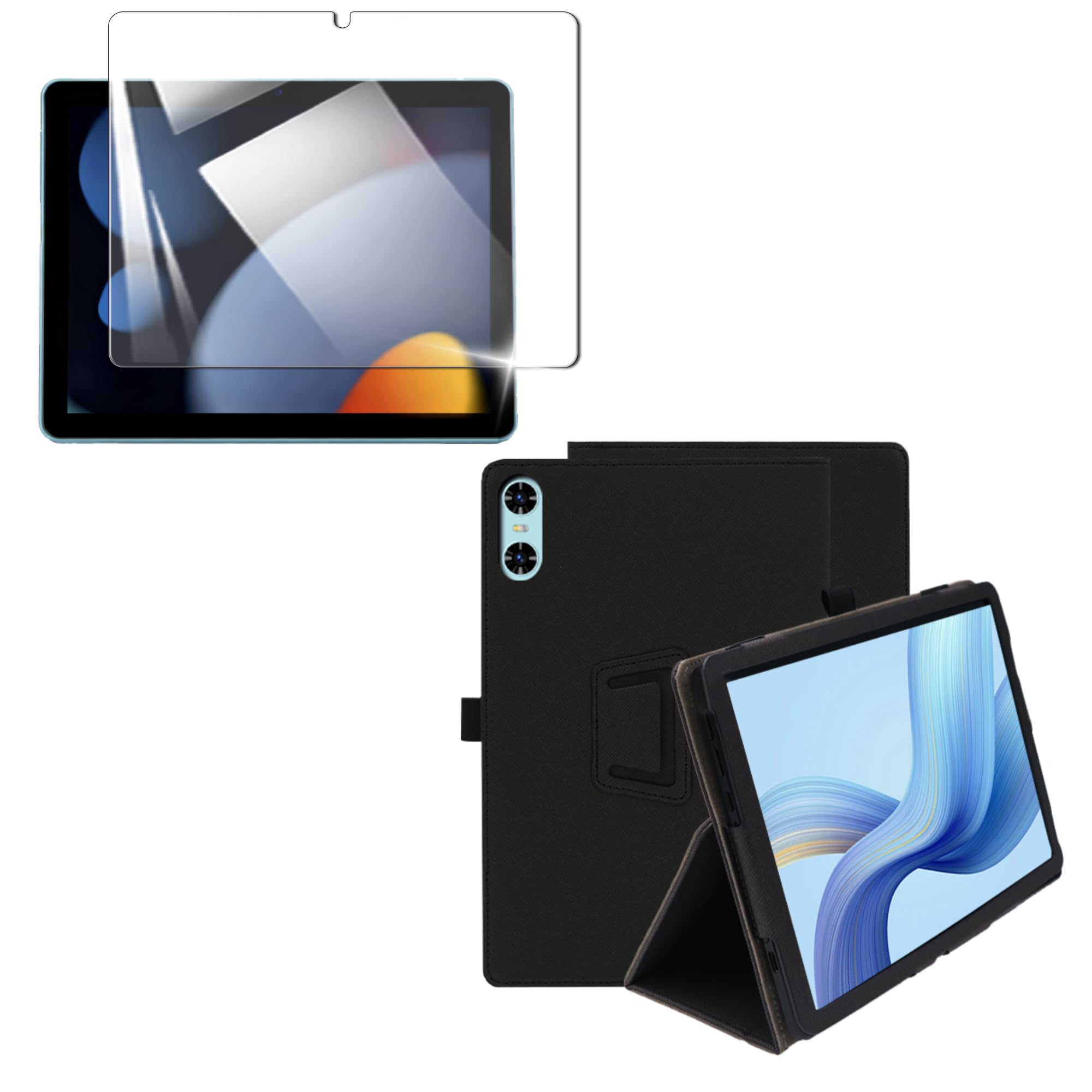 タブレットケース 強化ガラスフィルム セット 10.1インチ 保護カバー 保護フィルム 硬度9H ラウンドエッジ 高透過率 高感度 飛散防止