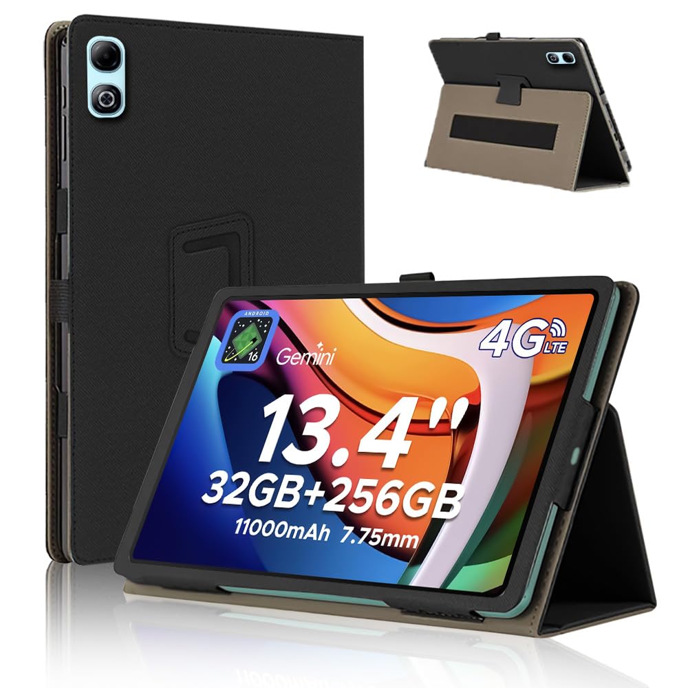 Tablet - タブレットケース 13.4インチ 全面保護 二つ折り スタンド機能 ペンホルダー付き 磁気吸着 耐衝撃 擦り傷防止 ハンドストラップ付き ブラック