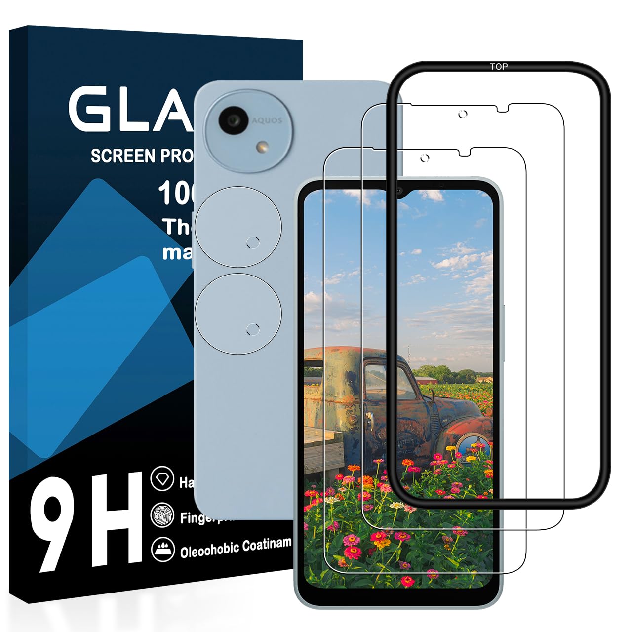 ・対応機種:AQUOS wish4 (SH-52E) ・セット内容:液晶保護フィルム2枚、カメラフィルム2枚 ・素材:AGC旭硝子 ・硬度:9H ・光線透過率:約99.9% ・高温焼入れ処理時間:4.5時間以上 ・圧強度:125mpa ・加工:ラウンドエッジ加工、シリコン自己吸着、石材ナノコーティング、飛散防止加工