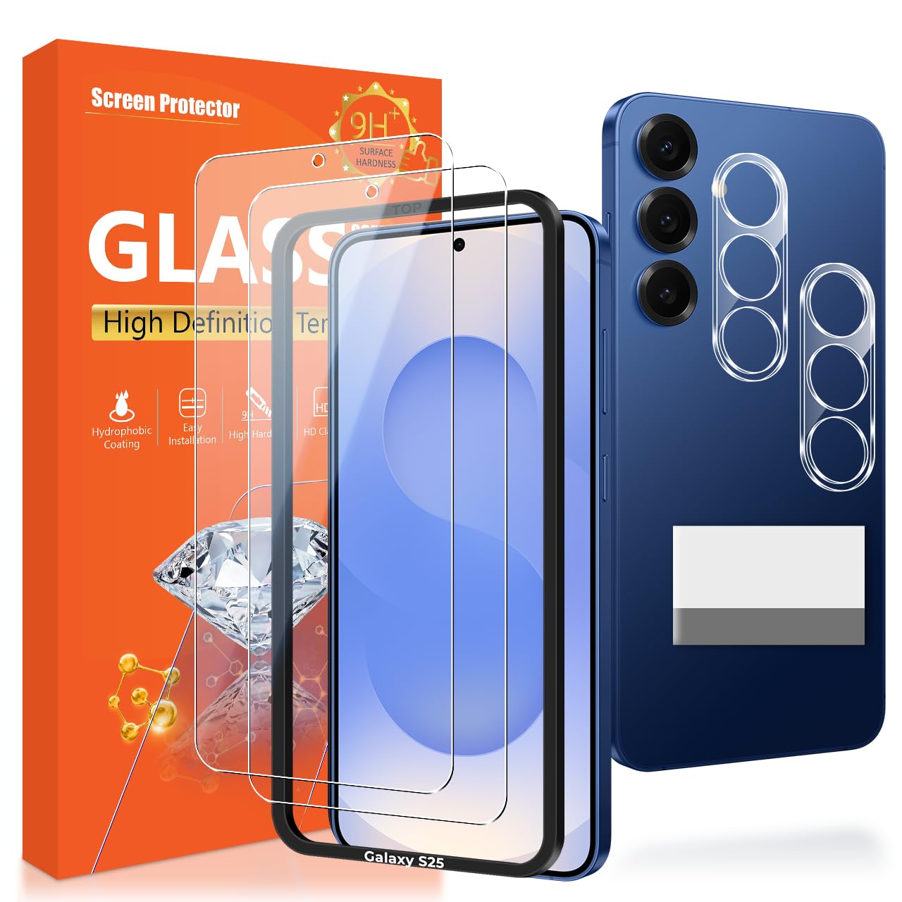 ・対応機種:Galaxy S25 5G ・素材:日本製の旭硝子 ・硬度:9H ・厚さ:0.26mm ・透過率:93% ・表面加工:3Dラウンドエッジ加工、真空電気メッキプロセス、AF分子防油層 ・セット内容:液晶保護フィルム2枚、カメラフィルム2枚、ガイド枠
