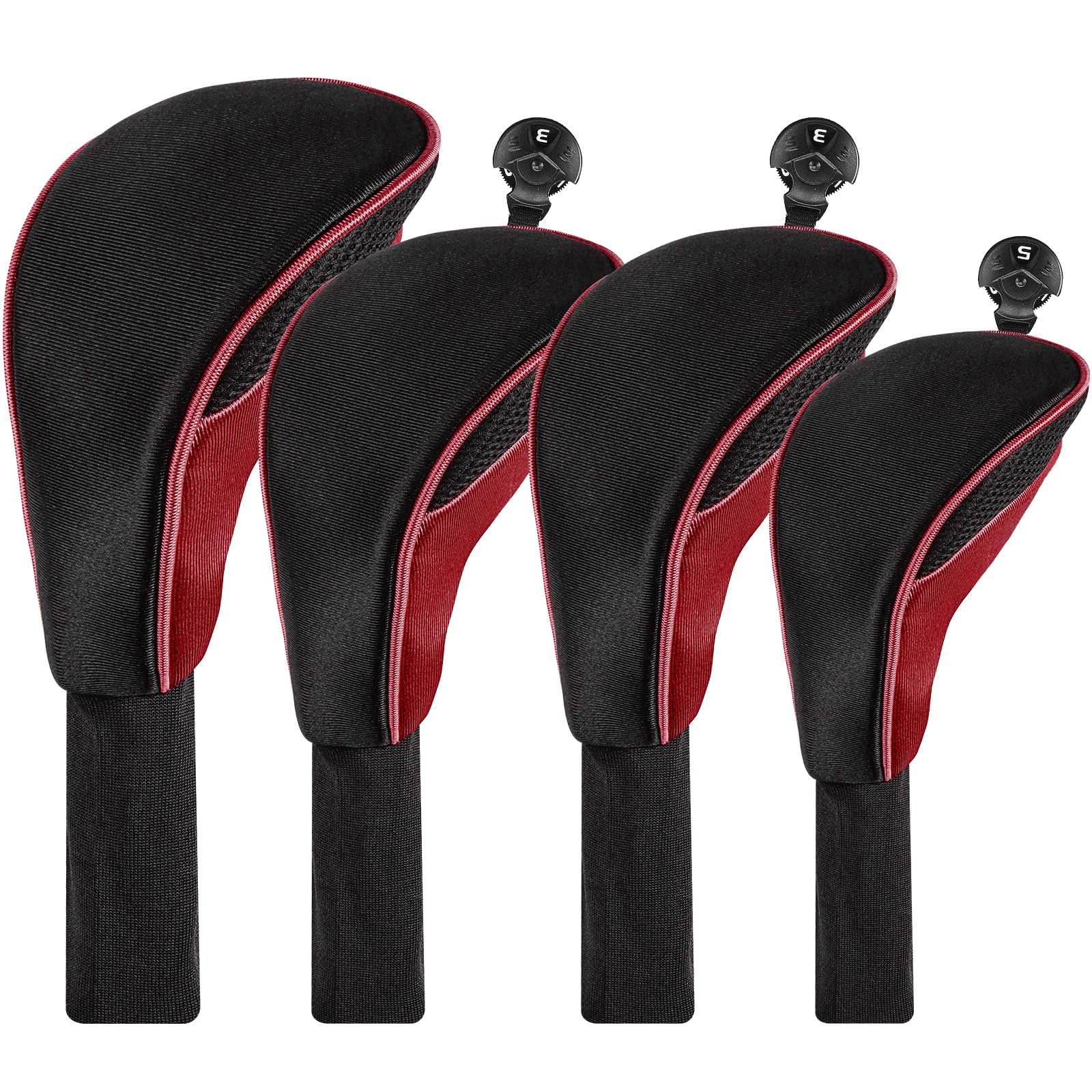 Full Club Set - ゴルフヘッドカバー 4点セット ドライバー フェアウェイウッド ユーティリティー用 軽量 耐摩耗 ヘッド保護カバー ロングネック 変換タグ付き レッド