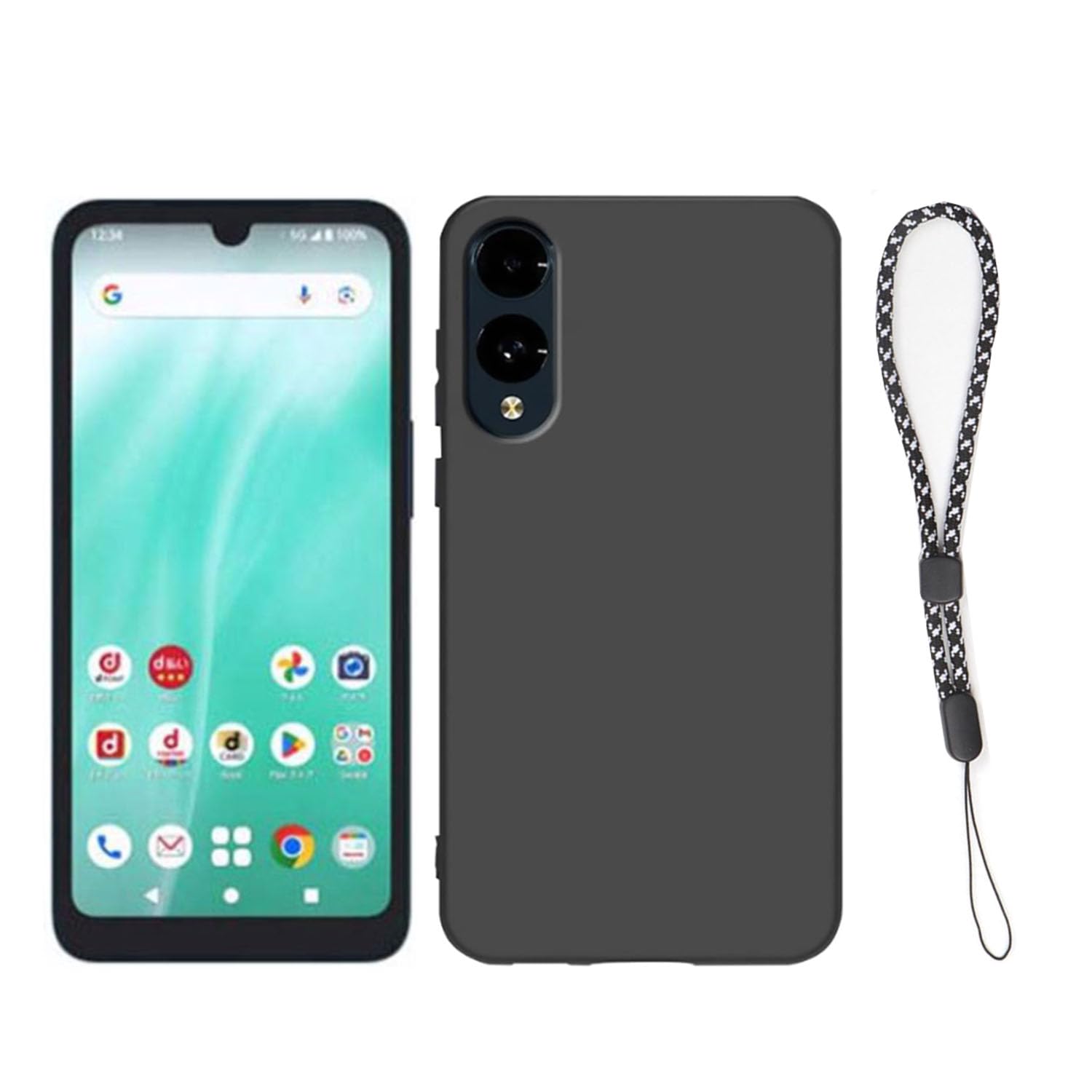 スマホケース 5G対応 シリコン ソフトケース ストラップ付き ブラック 耐衝撃 滑り...