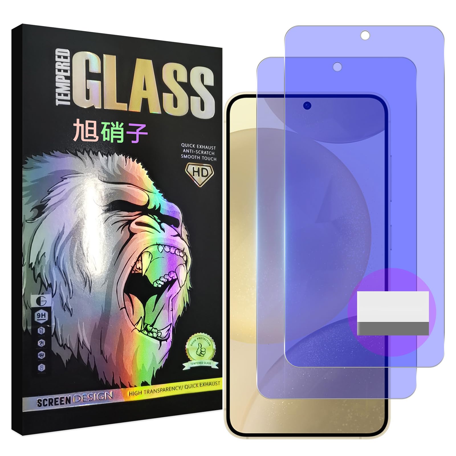 ・対応機種:Galaxy S25 5G (SC-51F / SCG31) ・セット内容:2枚セット ・素材:国産AGC旭硝子 ・ブルーライトカット率:93% ・硬度:9H ・透過率:99% ・厚さ:0.26mm ・加工:ラウンドエッジ加工、真空電気メッキ(AF分子防油層)