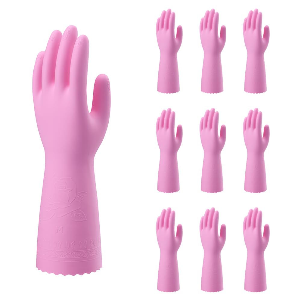 Rubber Gloves - ビニール手袋 厚手 Mサイズ ピンク 10双入 炊事 洗濯 掃除 家事用 ゴム手袋 耐油 耐摩耗 左右兼用 天然ゴム不使用 ビニール製 作業用手袋