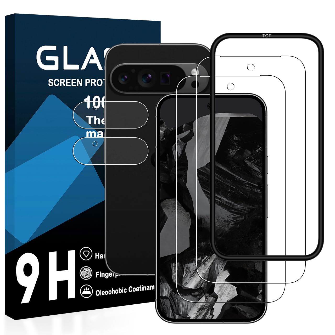 ・対応機種:Google Pixel 9 Pro ・セット内容:強化ガラスフィルム2枚、レンズ保護フィルム2枚、ガイド枠 ・素材:日本産AGC旭硝子 ・硬度:9H ・透過率:約99% ・表面加工:撥油コーティング、ラウンドエッジ加工 ・付加機能:飛散防止、指紋防止、防水、防油、自己吸着機能