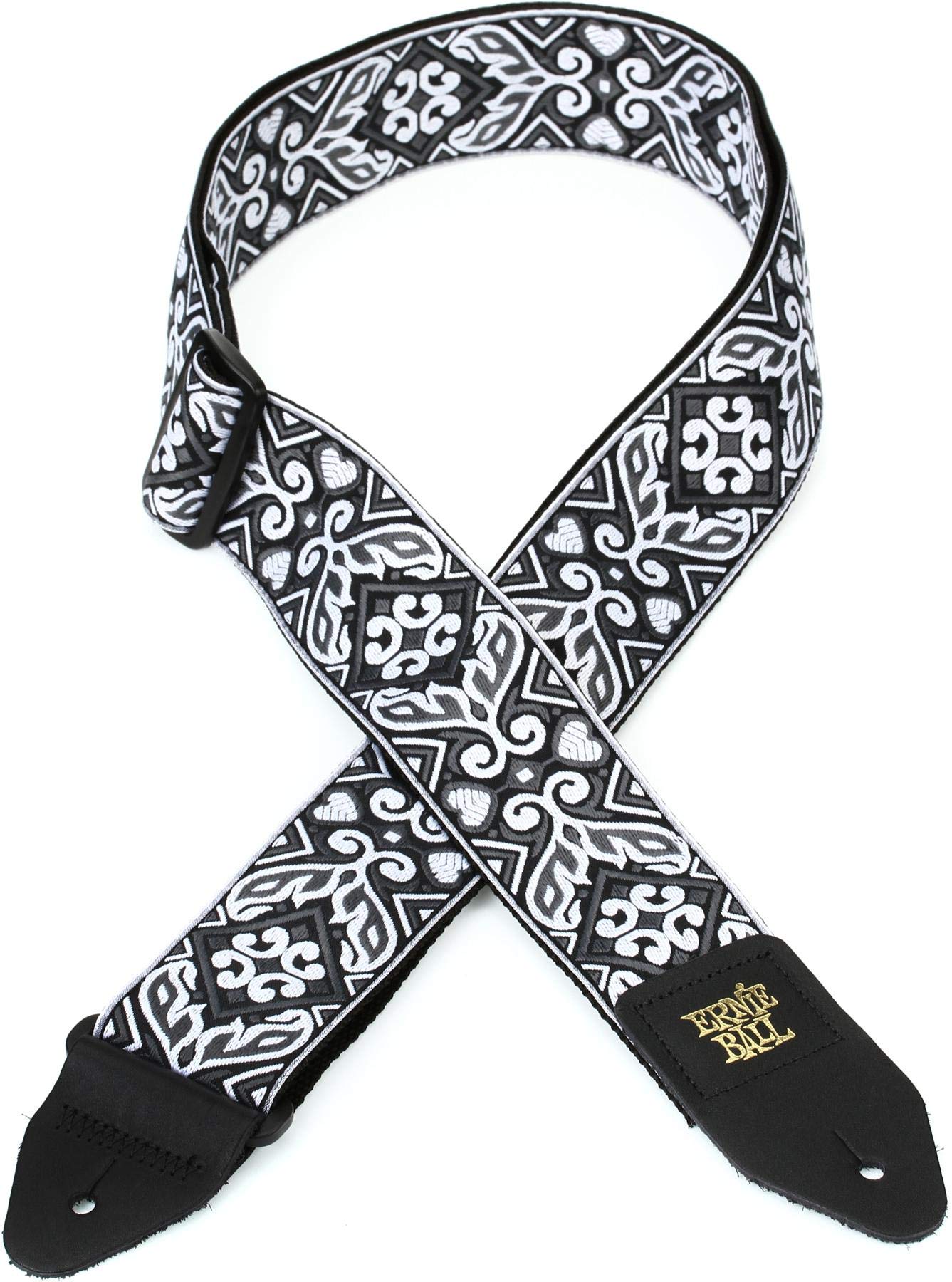 Guitar strap, jacquard weave, tribal pattern, silver, 5cm wide, adjustable length, for guitar and bass, instrument accessory.