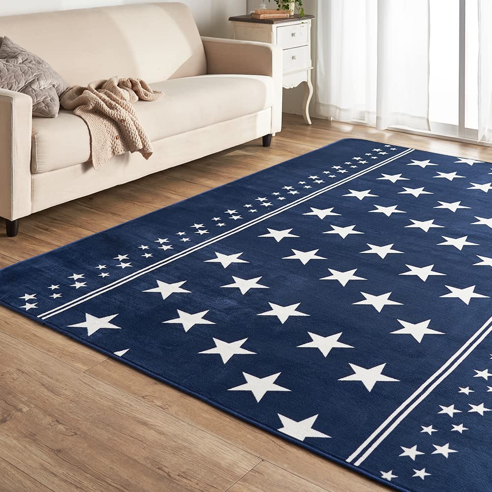 ラグ 200×300cm 洗える フランネルラグ 滑り止め付き カーペット ラグカーペット マット 防ダニ 北欧風 スター柄 ブルー じゅうたん さらさら ふわふわ