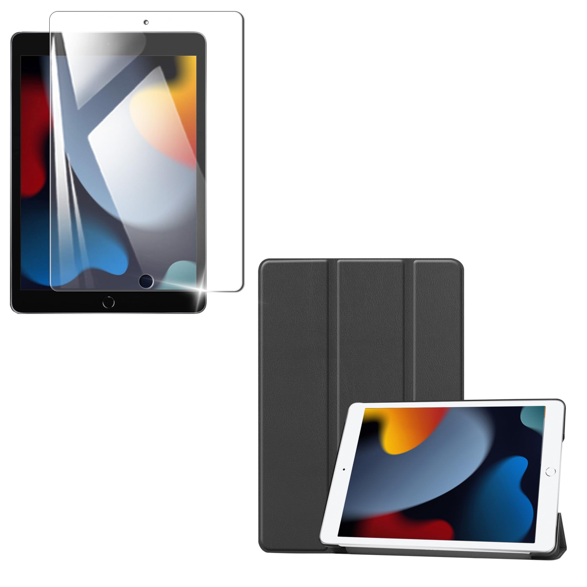 ・対応機種:iPad 第9世代 (2021年) / 第8世代 (2020年) / 第7世代 (2019年) ・画面サイズ:10.2インチ ・硬度:9H ・加工:ラウンドエッジ加工、撥油コーティング、飛散防止加工 ・ケース素材:衝撃吸収シリコン ・ケース形状:三つ折り保護カバー、クリアバックケース ・機能:スタンド機能、オートスリープ/ウェイクアップ機能