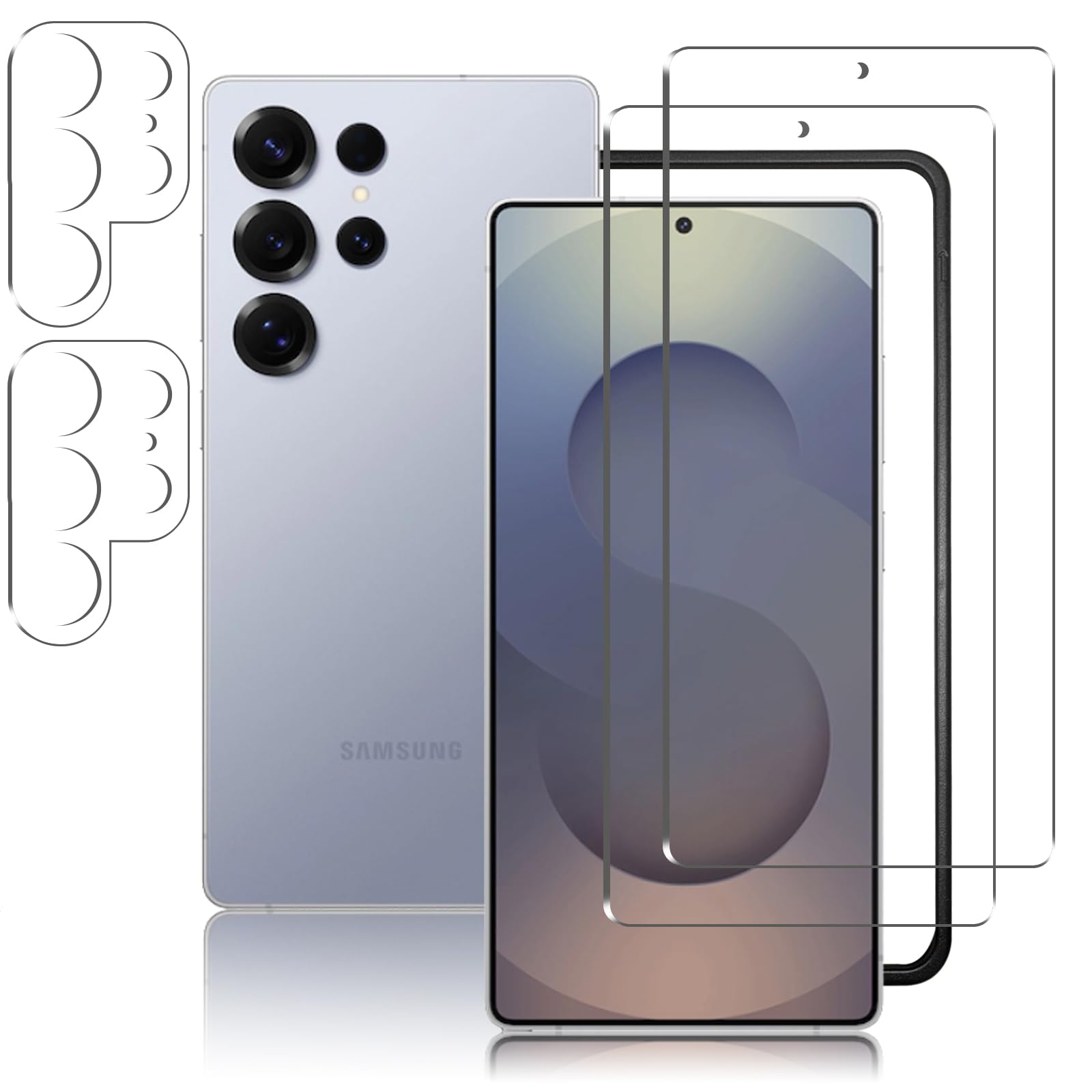 ・対応機種:Galaxy S25 Ultra 5G ・素材:旭硝子(日本製強化ガラス)、防爆PET層 ・硬度:9H+ ・セット内容:画面用フィルム2枚、カメラ用フィルム2枚 ・加工:ラウンドエッジ加工