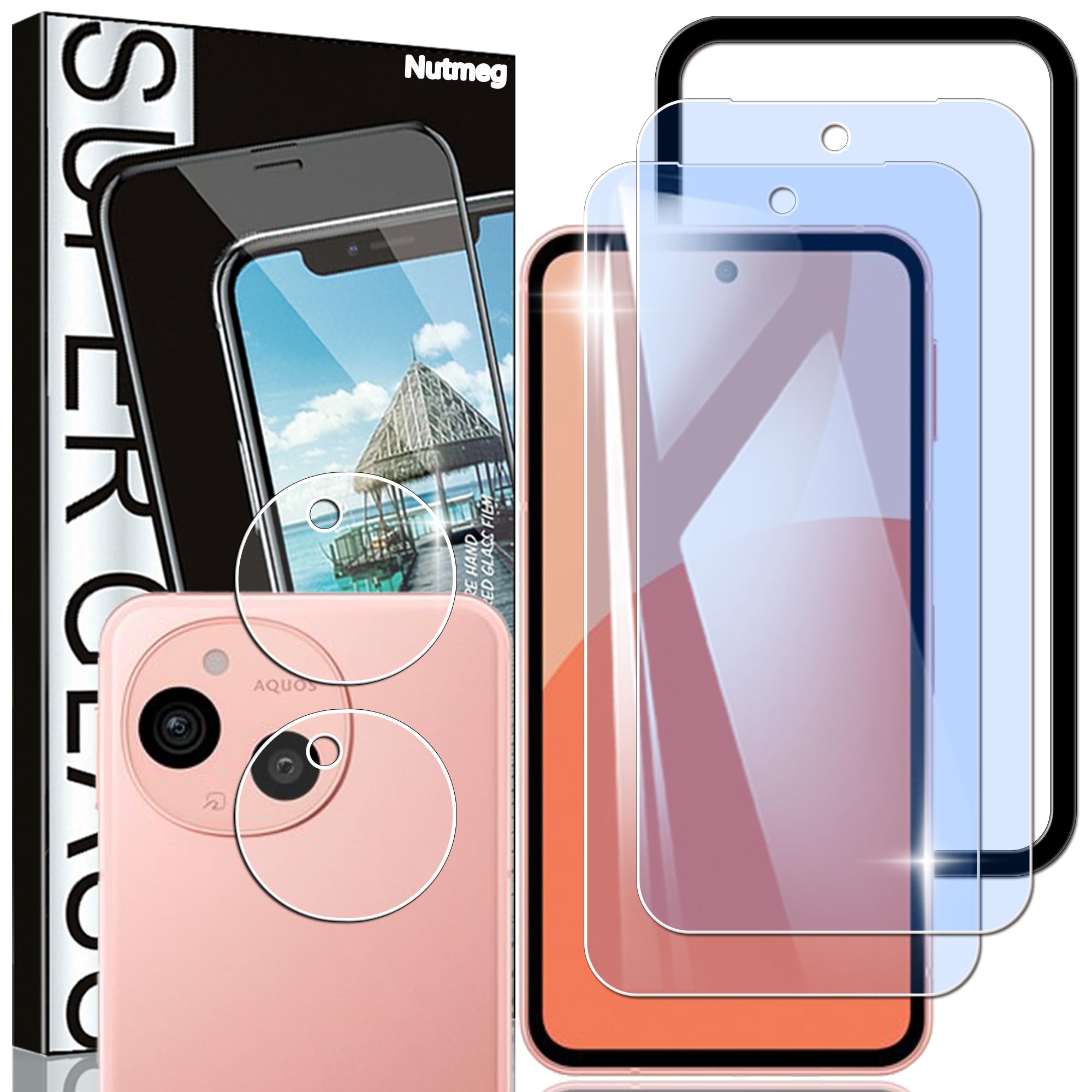 スマートフォン用液晶保護ガラスフィルム カメラフィルムセット 2枚入り ブルーライトカット 強化ガラス 硬度9H 高透過率 指紋防止 撥水撥油 飛散防止 ガイド枠付き 貼り付け簡単
