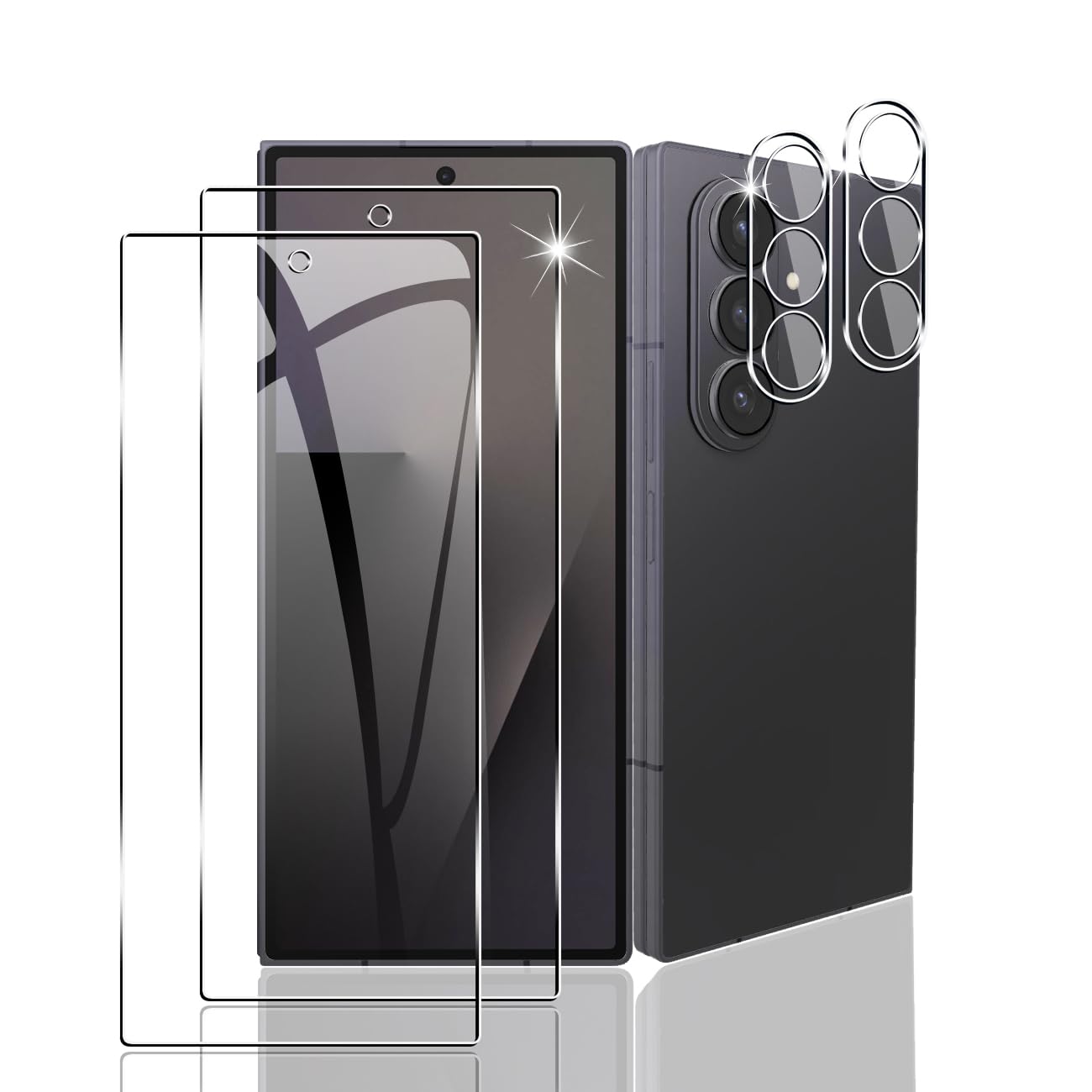 ・対応機種:Galaxy Z Fold 7 (SC-56F / SCG34) ・セット内容:画面用強化ガラスフィルム2枚、カメラ保護フィルム2枚 ・素材:日本製旭硝子 ・硬度:9H ・厚み:0.26mm ・加工:2.5Dラウンドエッジ加工、飛散防止加工、真空電気めっきプロセス、アンチグレア加工、アンチフィンガープリントコーティング ・機能:自動吸着、3D Touch対応、高透過率