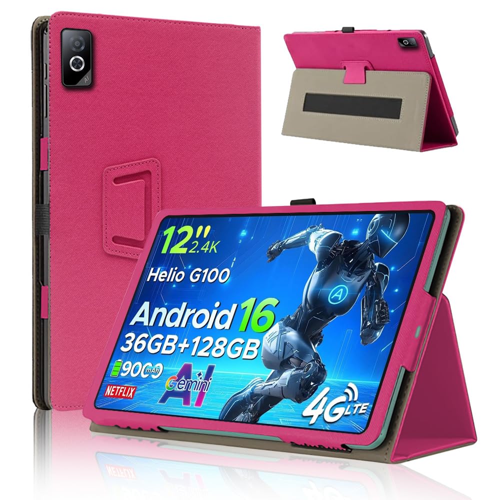 Tablet - タブレットケース 12インチ 全面保護 二つ折りスタンド ペンホルダー付き ハンドストラップ 磁気吸着 耐衝撃 擦り傷防止 レッド