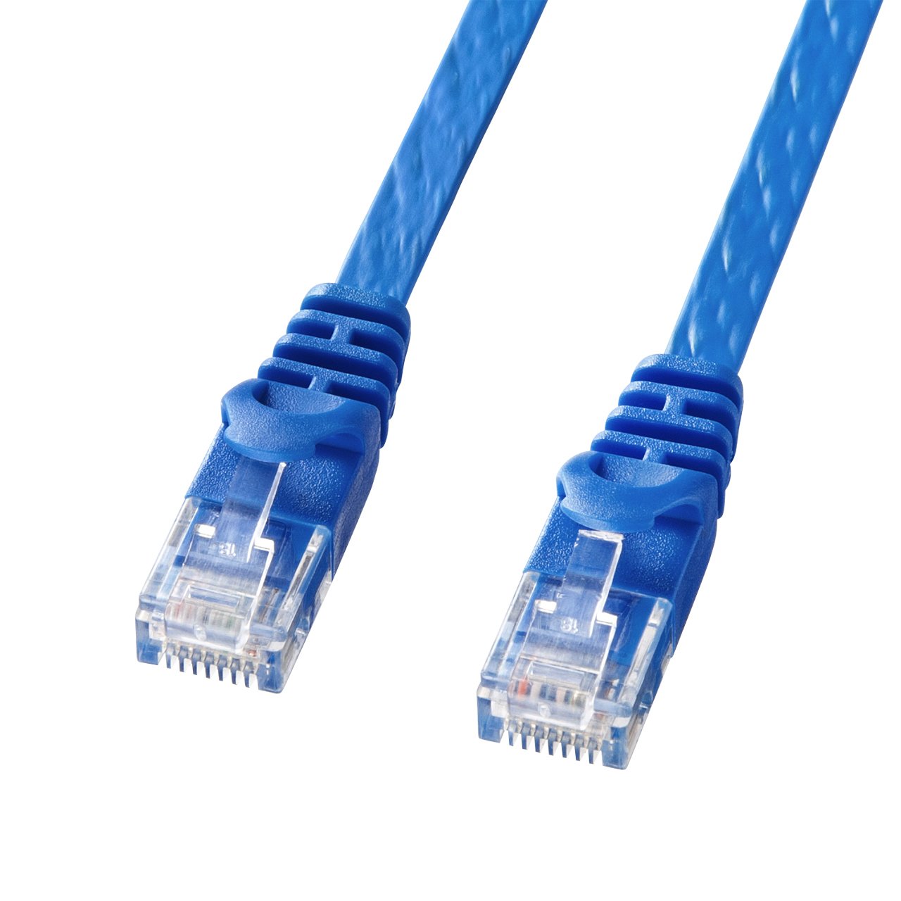 ・ケーブル長:5m ・カラー:ブルー ・伝送速度:1000Mbps(1Gbps) ・伝送帯域:250MHz ・コネクタ形状:RJ-45モールディングコネクタ付(ラッチカバー付き) ・ケーブル構造:より線フラットツイストペアケーブル(AWG30)、ストレート全結線 ・ケーブル直径:1.5mm×6.2mm ・対応伝送帯域:カテゴリ6(1000BASE-TX)、エンハンスドカテゴリ5(1000BASE-T)、カテゴリ5(100BASE-TX)、カテゴリ3(10BASE-T)適合
