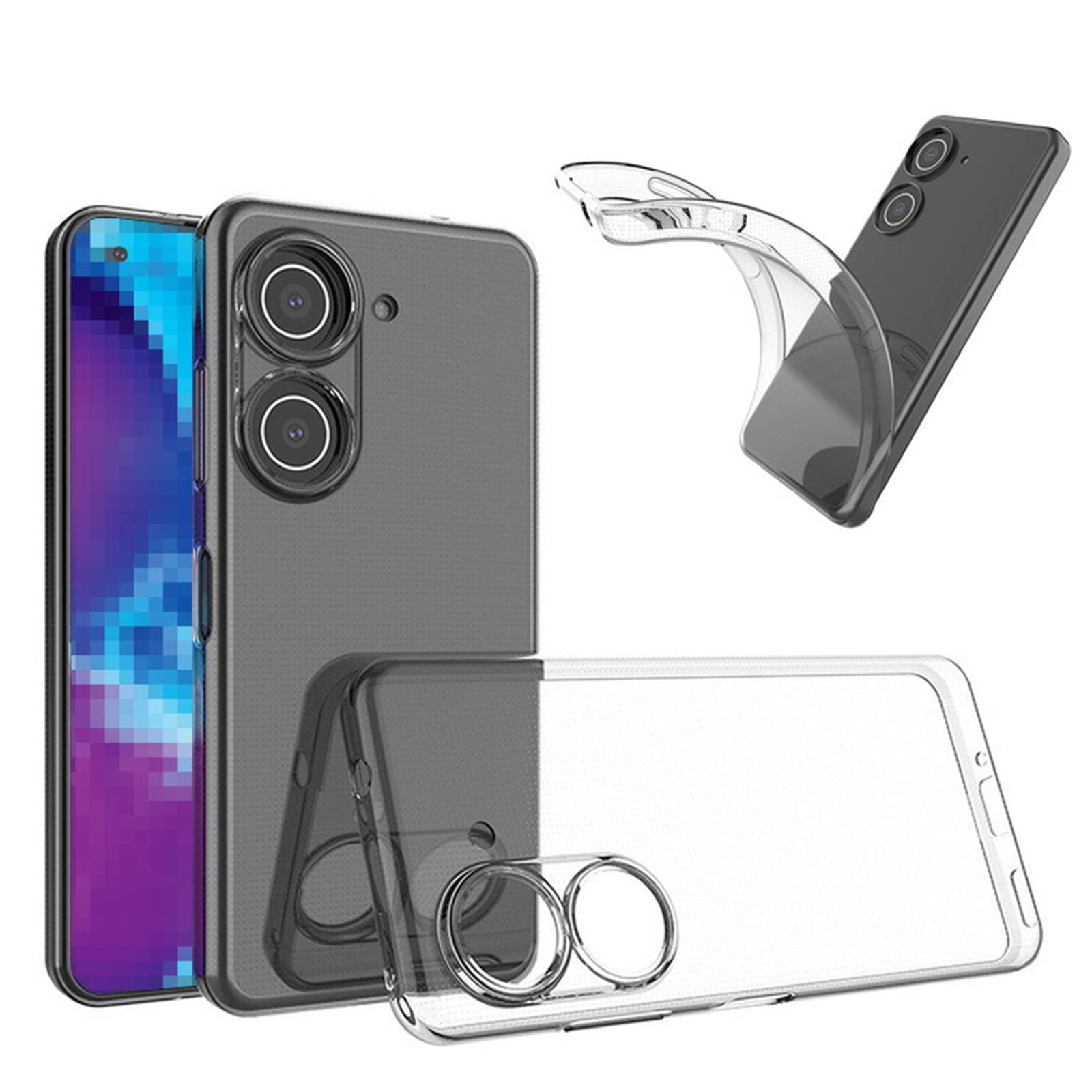 ・対応機種:ASUS Zenfone 9 ・素材:TPU ・機能:透明、耐衝撃、指紋防止、スリム、軽量、薄型、マイクロドット加工(熱放出)、ストラップホール付き