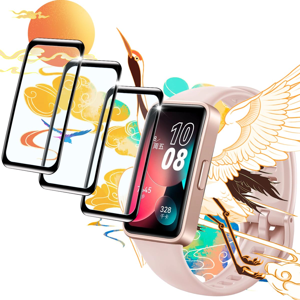 ・対応機種:Huawei band 9 / HUAWEI band 8 ・セット内容:3枚セット ・素材:PET複合材、炭素繊維、強化ガラス ・硬度:9H ・厚み:0.26mm ・機能:全面保護、耐衝撃、傷防止、高透過率、飛散防止設計、撥油コーティング(指紋防止)、シリコン自己吸着層(気泡ゼロ)