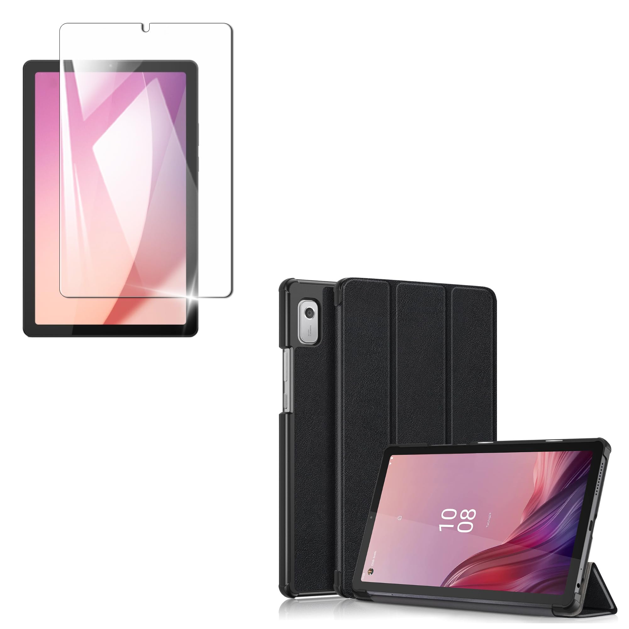 Tablet - タブレットケース 9インチ 強化ガラスフィルム セット スタンド機能付き 三つ折り保護カバー クリアバック 高透過率 硬度9H 飛散防止 ラウンドエッジ 高感度 保護フィルム