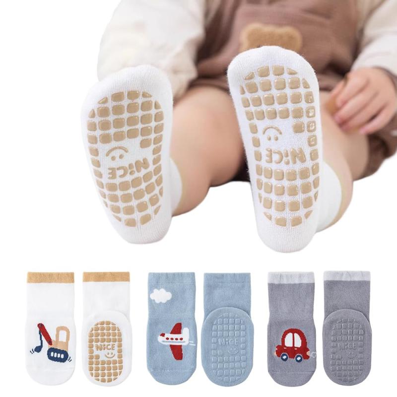 [ZGKULAEAOW] 靴下 ベビー 新生児 滑り止め付き 転倒防止 ベビーソックス 3枚セット男の子 女の子 ソックス キッズ 子供用靴下 パンダ柄 恐竜柄 綿