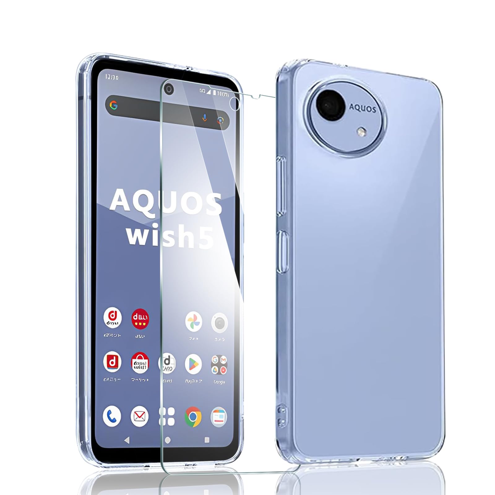 ・対応機種:AQUOS Wish 5 (SH-52F) ・素材:高品質TPU(ケース)、日本旭硝子(ガラスフィルム) ・透明度:99% ・硬度:9H ・加工:ラウンドエッジ加工、ハードコーティング加工、飛散防止加工、アンチオイルコーティング、散熱加工