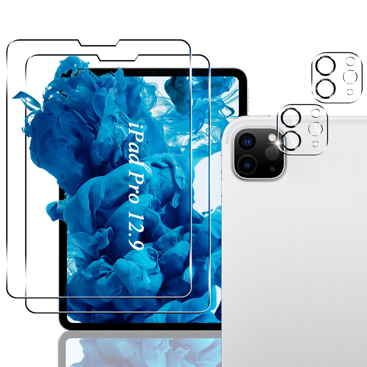 ・対応機種:iPad Pro 12.9インチ (2022/2021/2020モデル、第6/5/4世代) ・セット内容:ガラスフィルム2枚、カメラフィルム2枚 ・素材:日本製旭硝子 ・硬度:9H ・透過率:99.5% ・表面加工:ハードコーティング、オイルコーティング(防油・防指紋)、スムースタッチコーティング ・機能:耐衝撃、飛散防止、撥油性、疎水性、自動吸着、気泡ゼロ