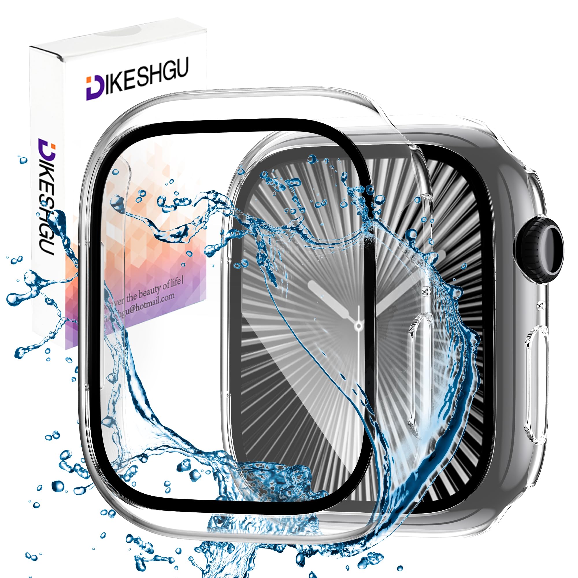 Waterproof case for smartwatches (45mm), protective cover, integrated glass screen protector, PC material, high transparency, high sensitivity, excellent touch response, clear, transparent accessory.