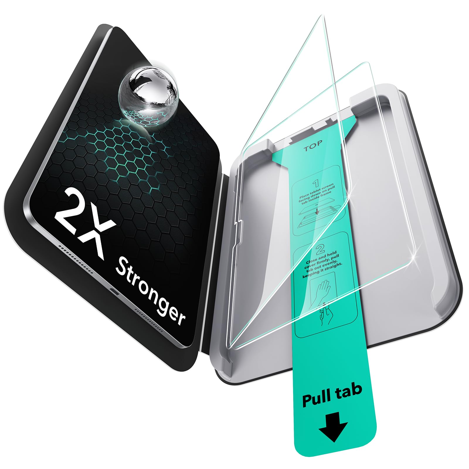 ・対応機種:iPad Pro 11インチ (M5 2025 / M4 2024) ・対応モデル番号:A3357、A3358、A3359、A2836、A2837、A3006 ・枚数:2枚入り ・硬度:9H ・厚さ:0.3mm ・素材:強化ガラス ・機能:自動除塵、耐傷性、指紋防止、HD高透過、Apple Pencil対応