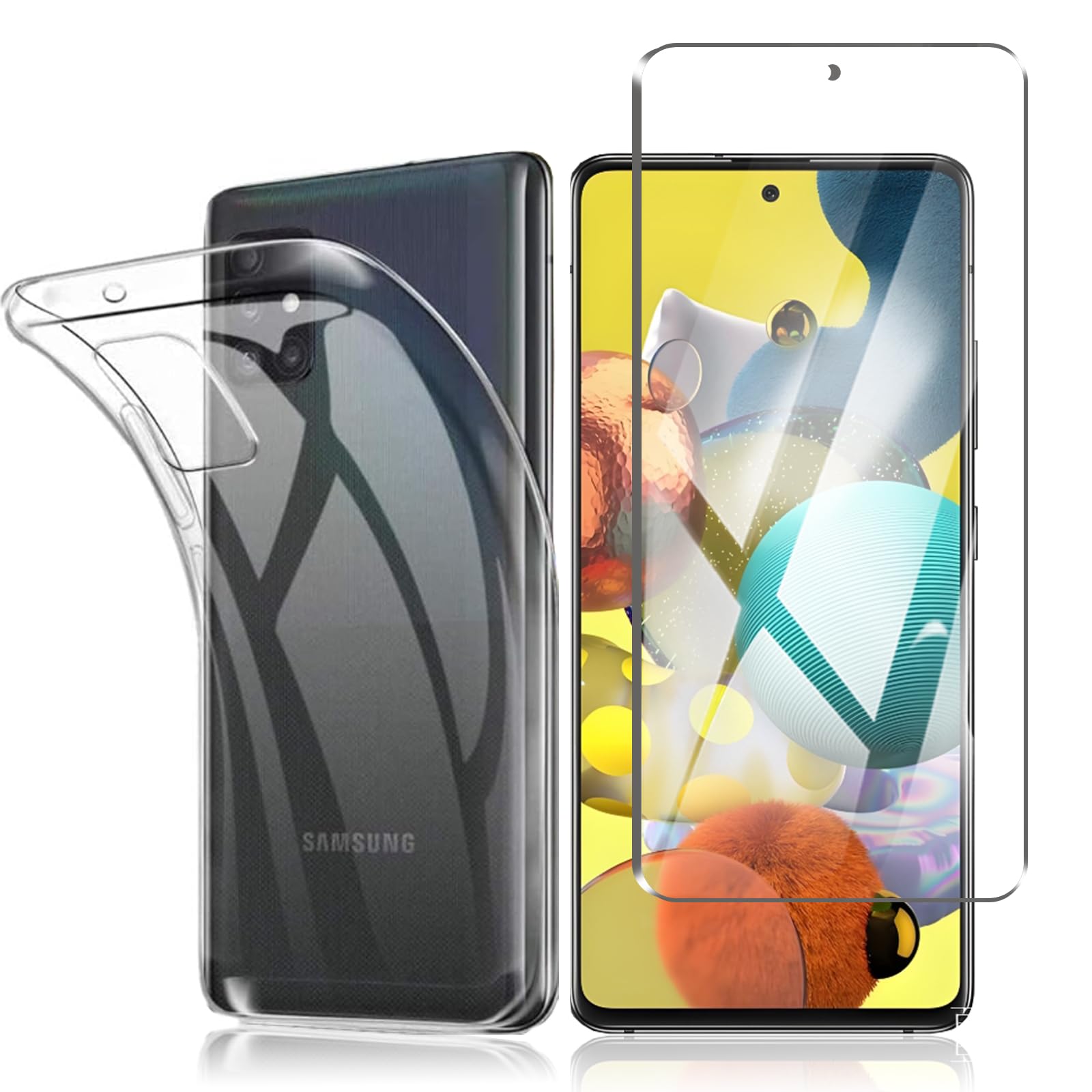 ・対応機種:Galaxy A51 5G (SCG07/SC-54A) ・パッケージ内容:ガラスフィルム1枚、ケース1枚 ・フィルム素材:ガラスファイバー ・ケース素材:高透明度ポリカーボネート、ドイツ製TPU ・フィルム硬度:9H ・フィルム機能:反射低減、飛散防止処理、抗菌加工、帯電防止仕様 ・ケース機能:耐衝撃、滑り止め、高透明度(透過率99%)、抗酸化処理 ・ケース特徴:人間工学に基づいた両側凹み設計、画面・カメラ保護用フチ高設計